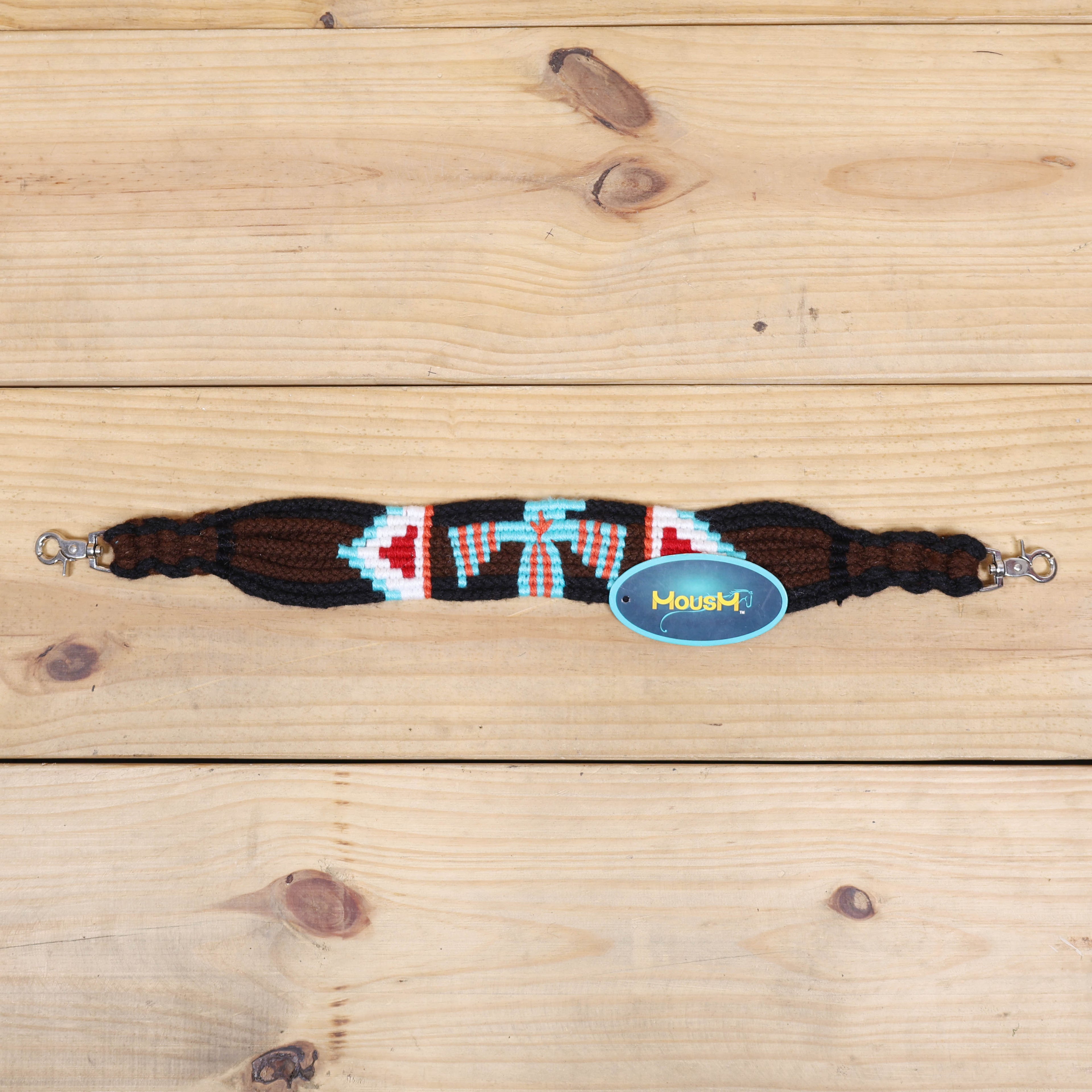 Thunder Bird Mohair Western Headstall Tack Set with 32” Front Girth – Brown, Black, Teal & Red – Complete 5-Piece Set on Argentina Leather – Antique Copper Hardware – Handcrafted