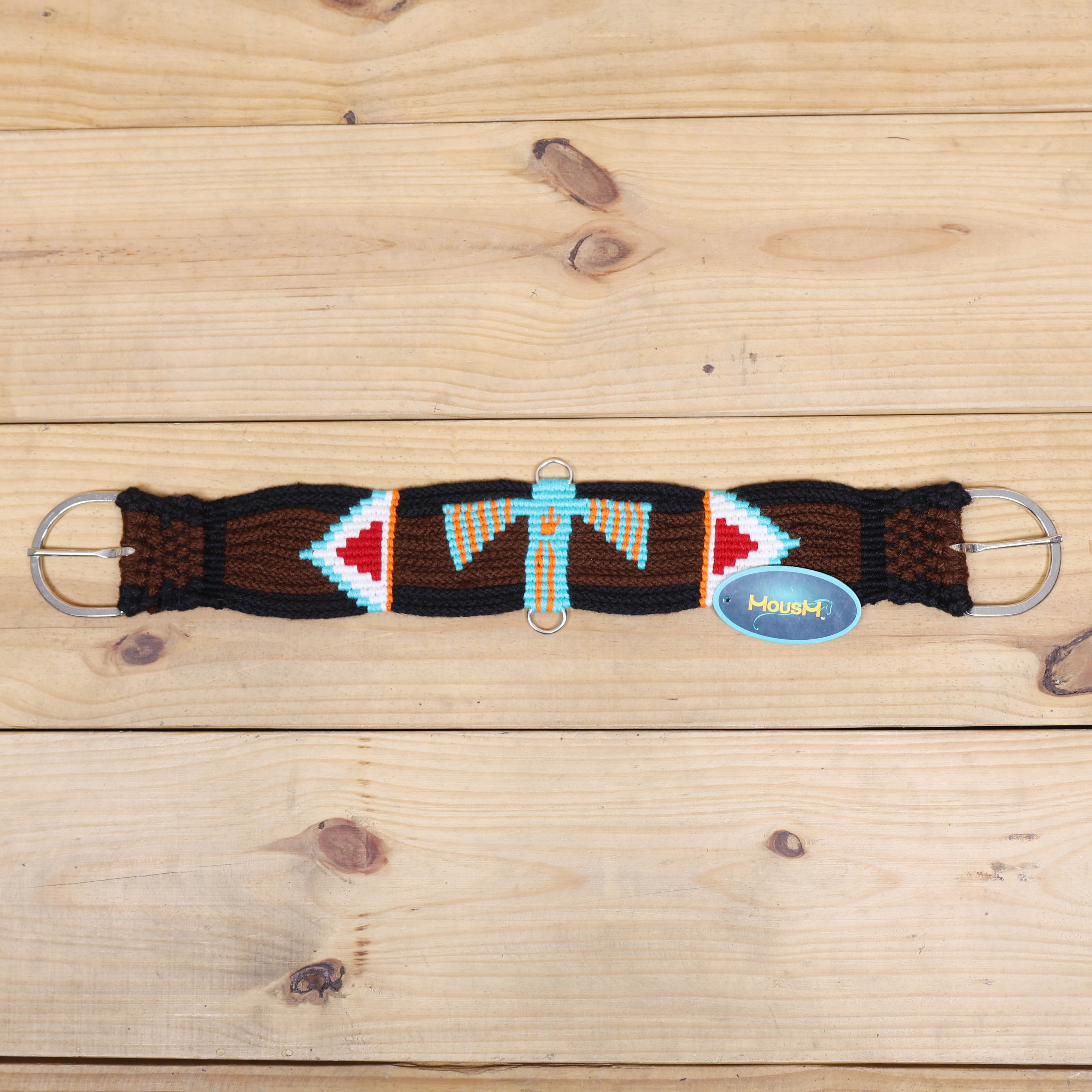 Thunder Bird Mohair Western Headstall Tack Set with 32” Front Girth – Brown, Black, Teal & Red – Complete 5-Piece Set on Argentina Leather – Antique Copper Hardware – Handcrafted