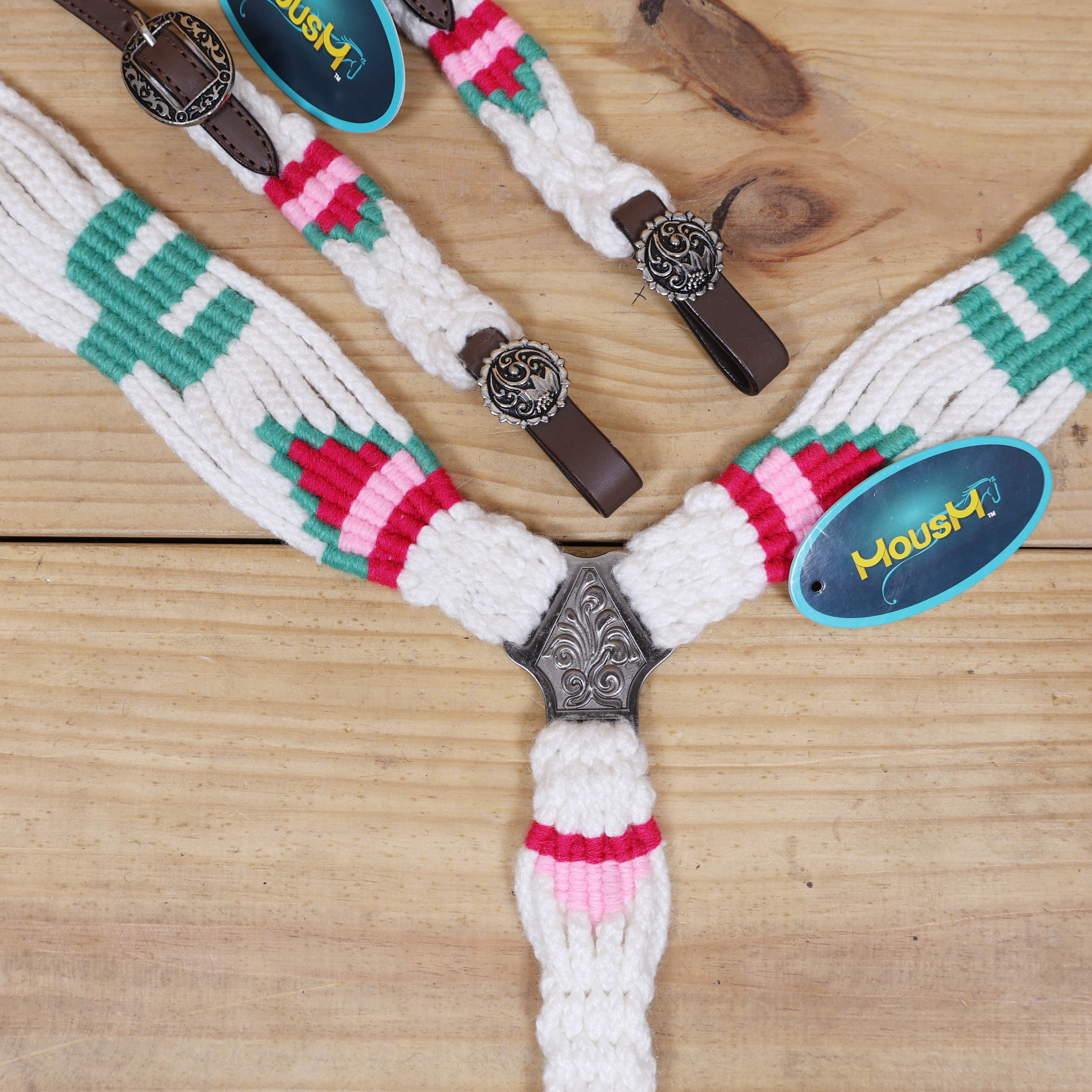 Green Cactus Mohair Western Headstall Tack Set with 32” Front Girth – White, Green & Red – Complete 5-Piece Set on Argentina Leather – Antique Copper Hardware – Handcrafted