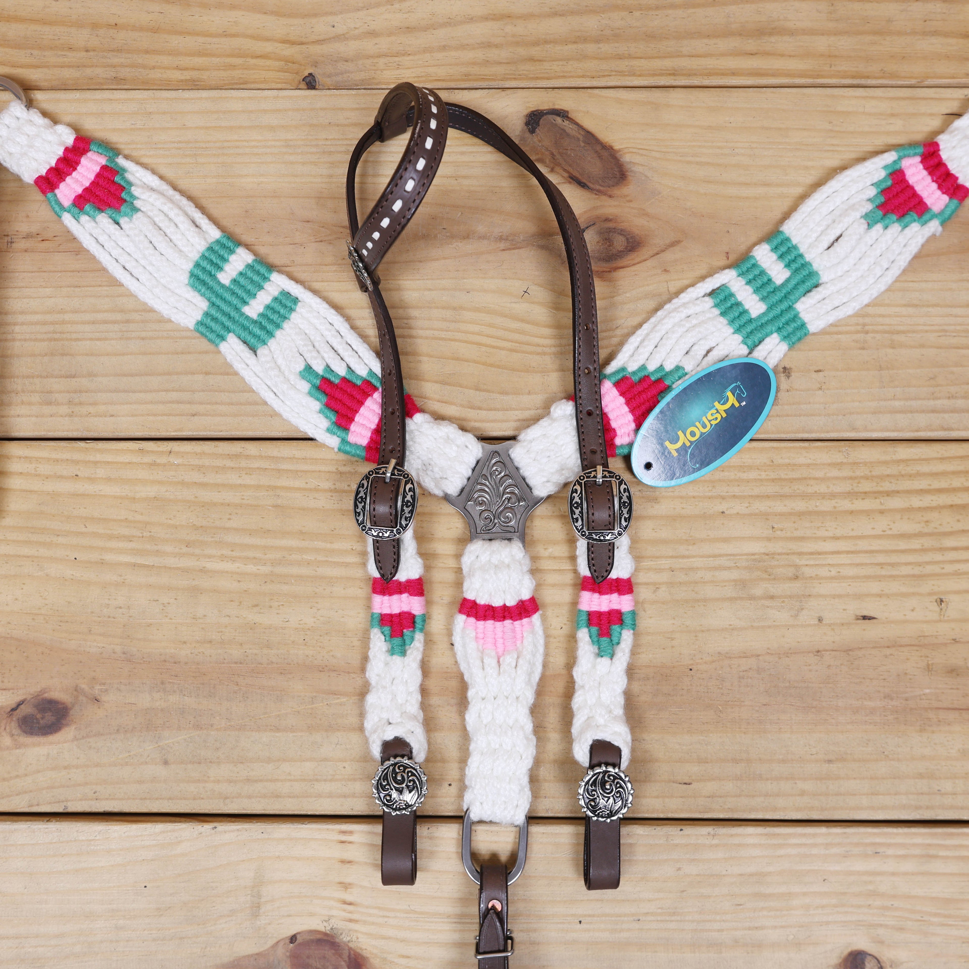 Green Cactus Mohair Western Headstall Tack Set with 32” Front Girth – White, Green & Red – Complete 5-Piece Set on Argentina Leather – Antique Copper Hardware – Handcrafted