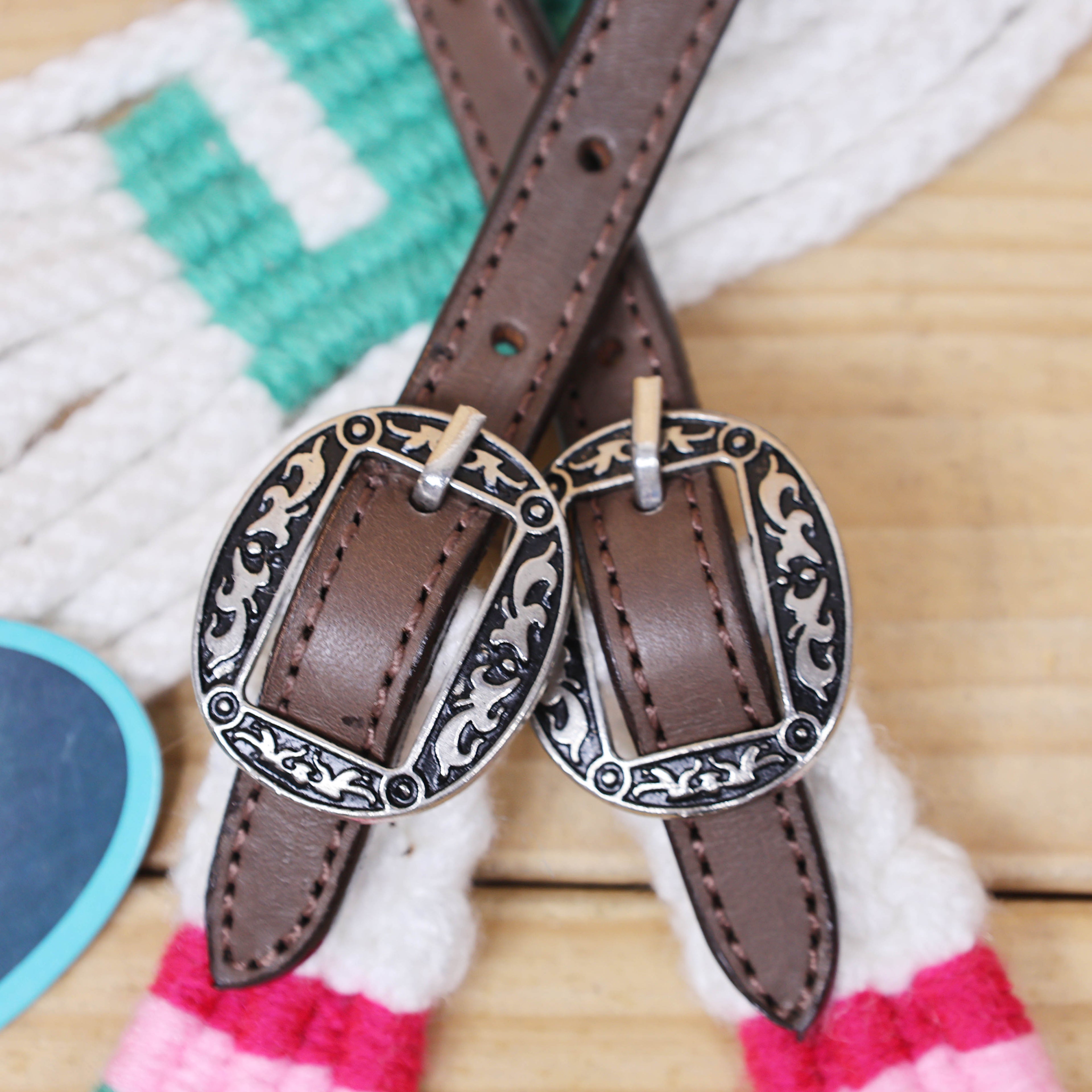 Green Cactus Mohair Western Headstall Tack Set with 32” Front Girth – White, Green & Red – Complete 5-Piece Set on Argentina Leather – Antique Copper Hardware – Handcrafted