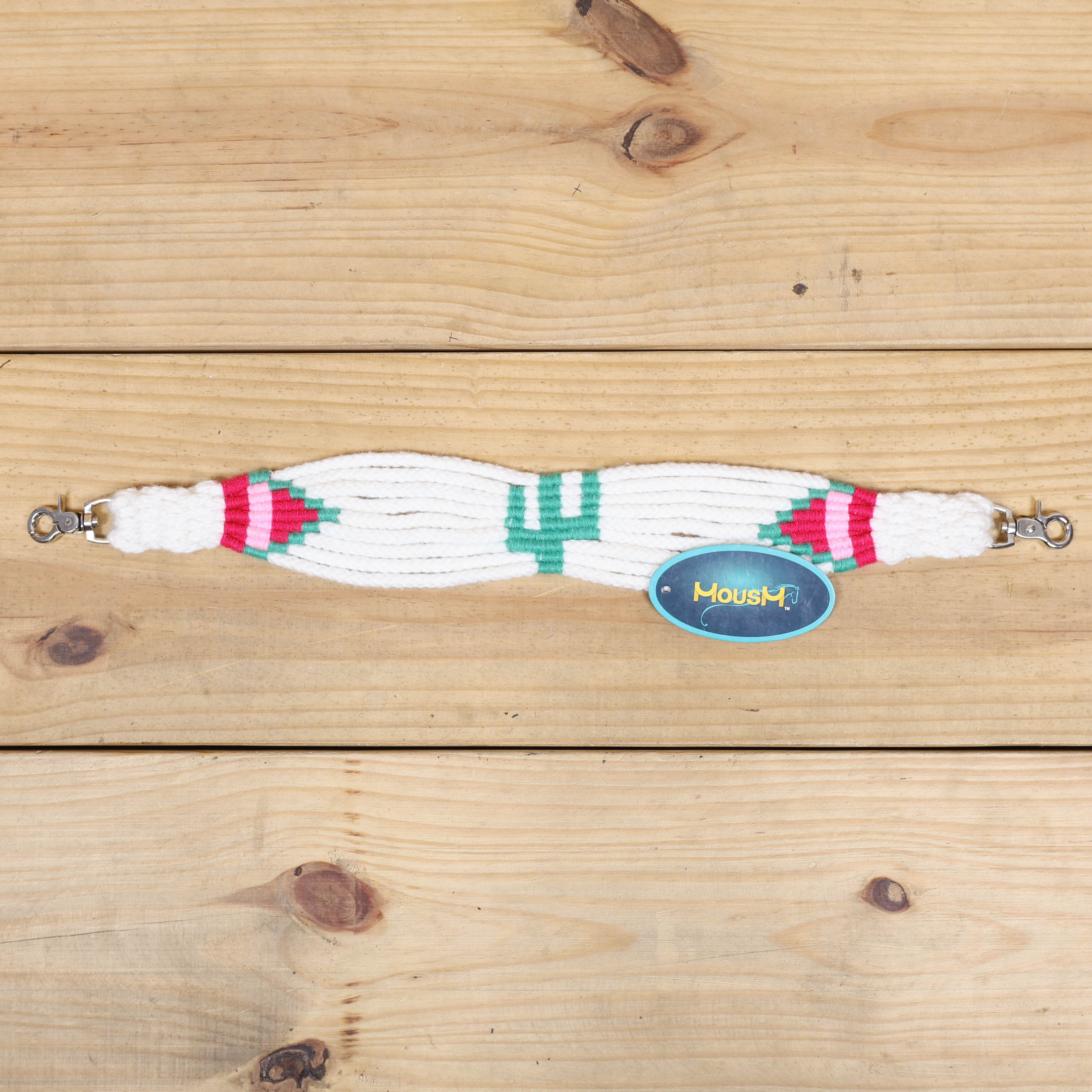 Green Cactus Mohair Western Headstall Tack Set with 32” Front Girth – White, Green & Red – Complete 5-Piece Set on Argentina Leather – Antique Copper Hardware – Handcrafted