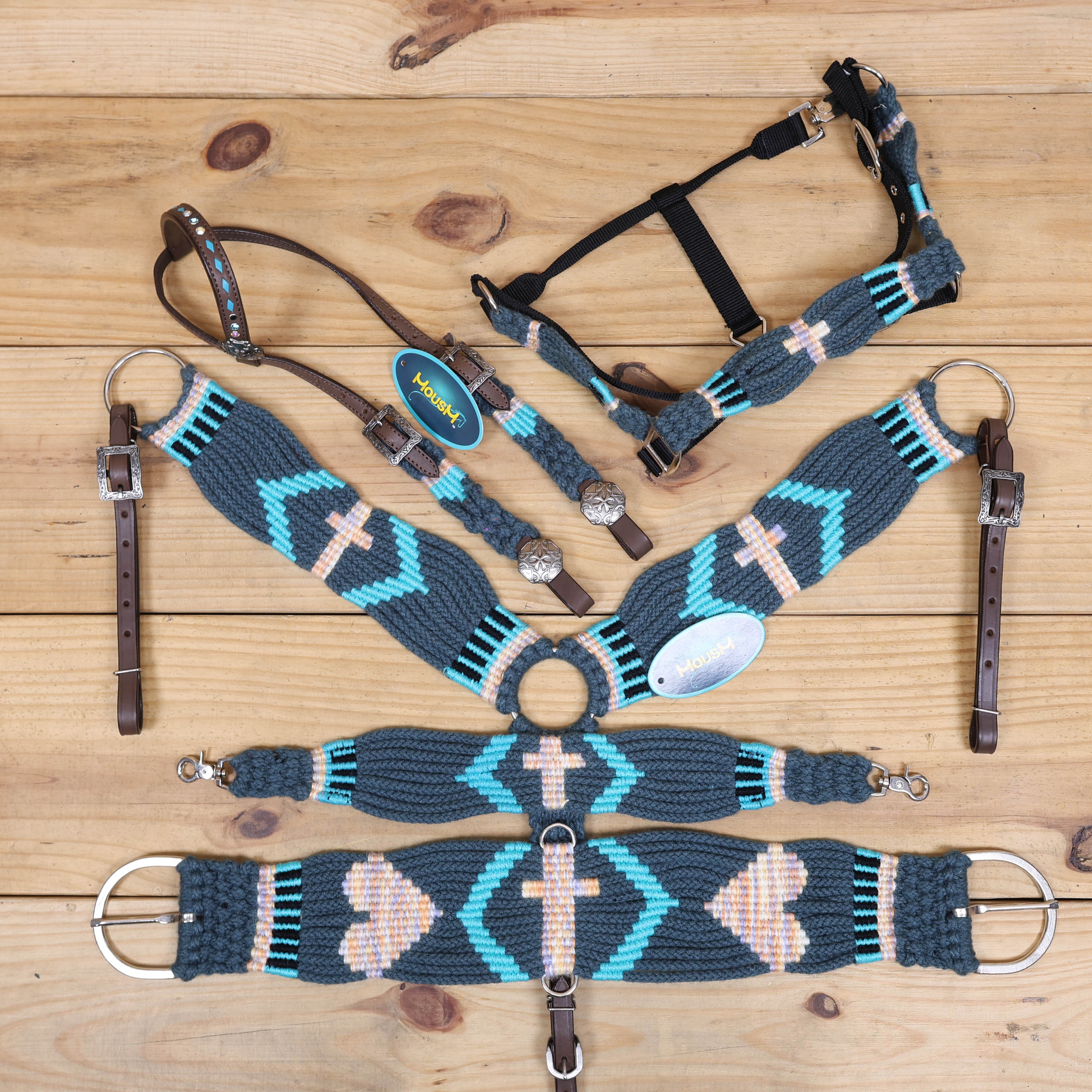 Dark Grey, Sky Blue & Beige Mohair Western Headstall Tack Set with 32” Front Girth – Complete 5-Piece Set on Argentina Leather – Antique Copper Hardware – Handcrafted
