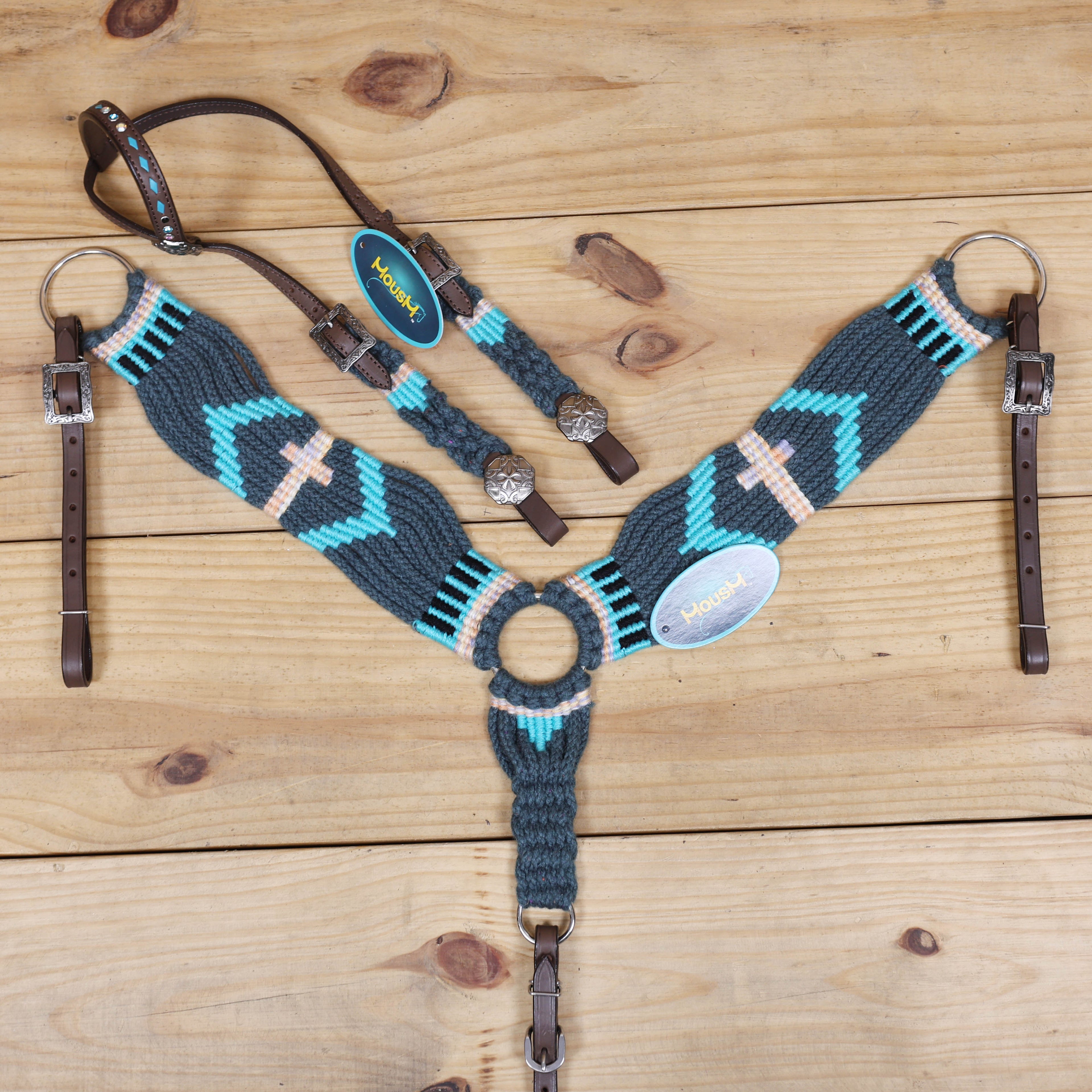 Dark Grey, Sky Blue & Beige Mohair Western Headstall Tack Set with 32” Front Girth – Complete 5-Piece Set on Argentina Leather – Antique Copper Hardware – Handcrafted