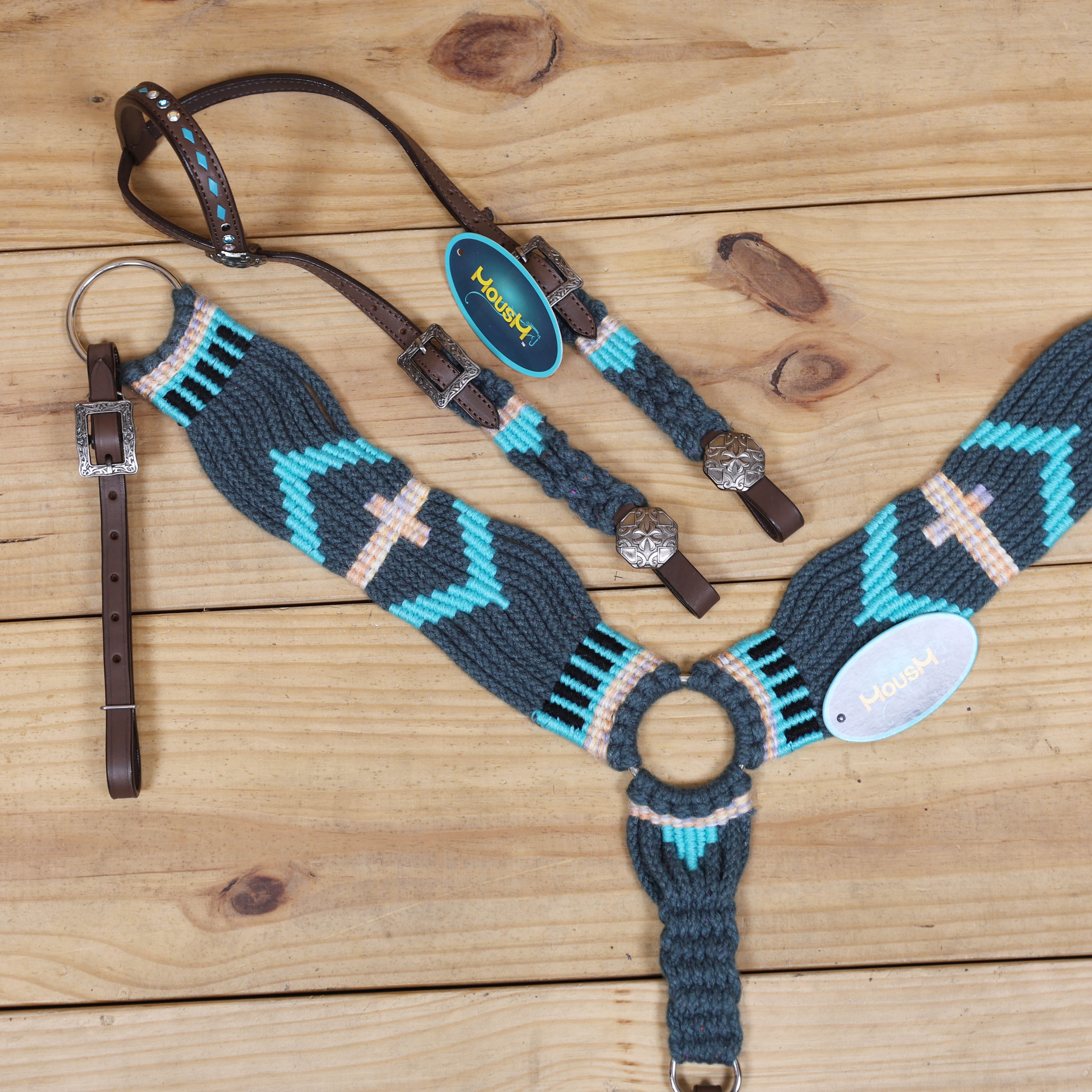 Dark Grey, Sky Blue & Beige Mohair Western Headstall Tack Set with 32” Front Girth – Complete 5-Piece Set on Argentina Leather – Antique Copper Hardware – Handcrafted