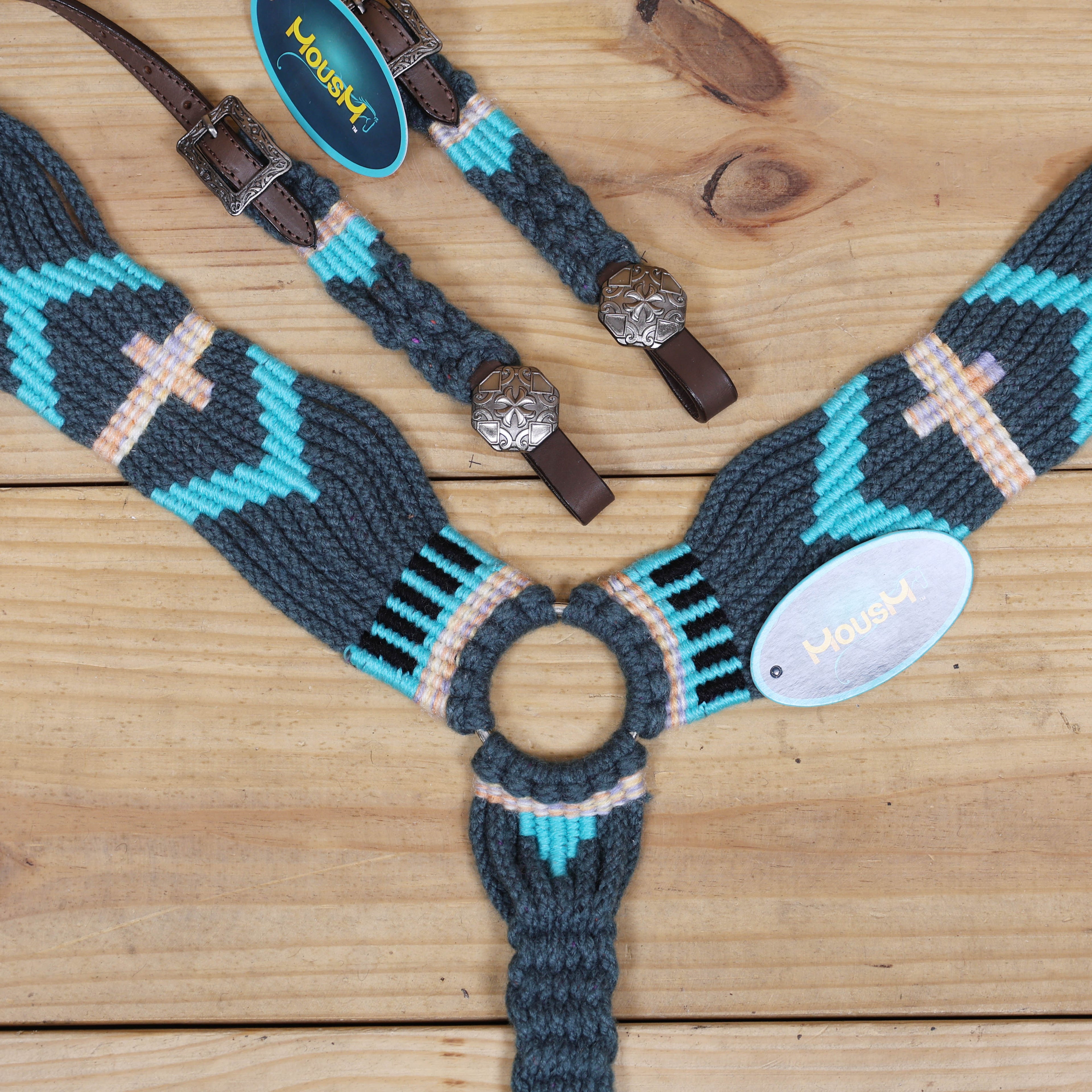 Dark Grey, Sky Blue & Beige Mohair Western Headstall Tack Set with 32” Front Girth – Complete 5-Piece Set on Argentina Leather – Antique Copper Hardware – Handcrafted