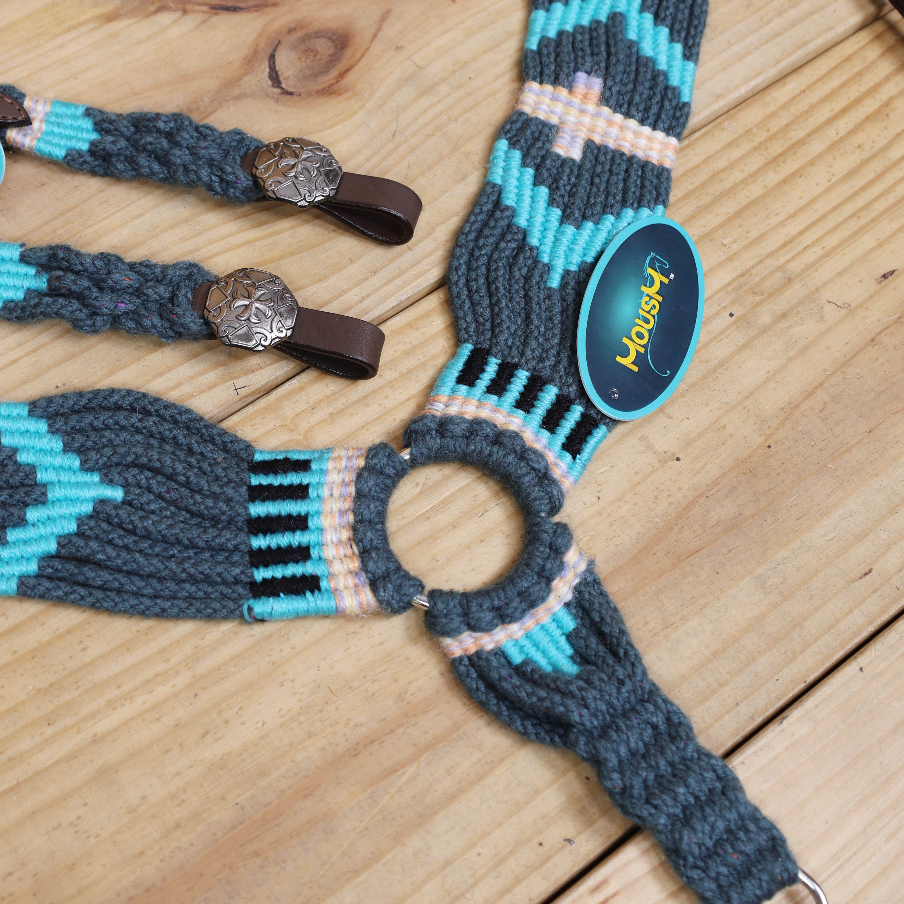 Dark Grey, Sky Blue & Beige Mohair Western Headstall Tack Set with 32” Front Girth – Complete 5-Piece Set on Argentina Leather – Antique Copper Hardware – Handcrafted