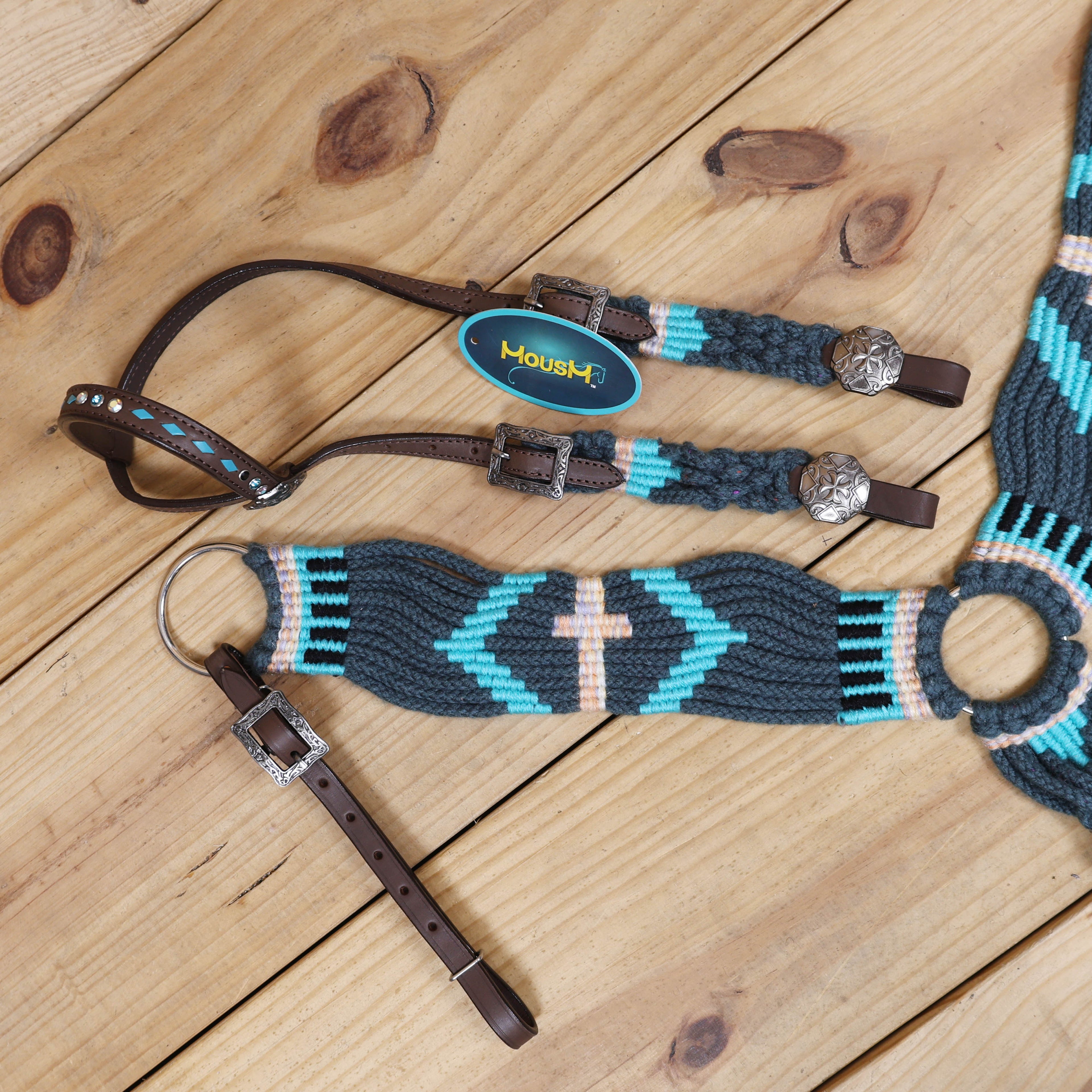 Dark Grey, Sky Blue & Beige Mohair Western Headstall Tack Set with 32” Front Girth – Complete 5-Piece Set on Argentina Leather – Antique Copper Hardware – Handcrafted