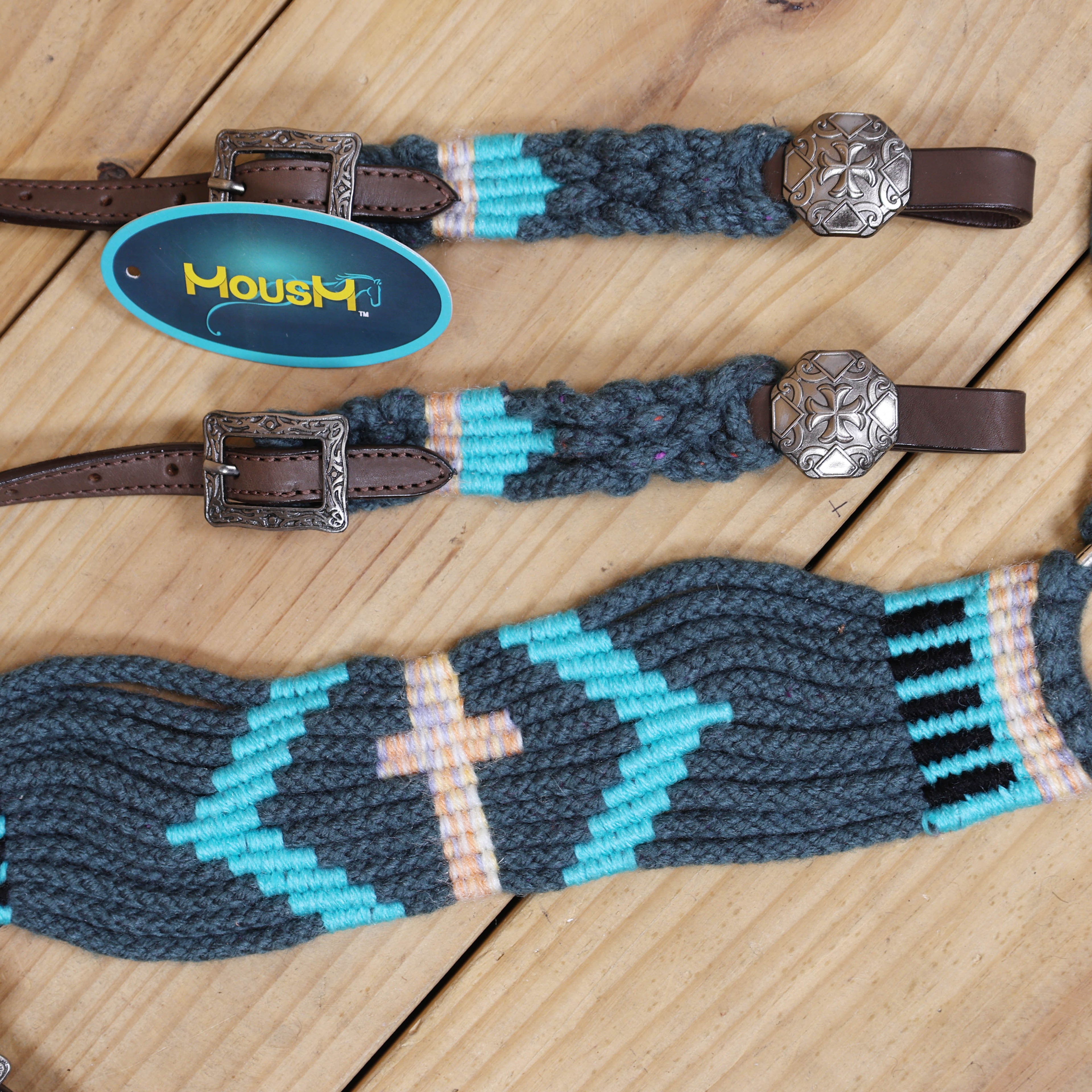 Dark Grey, Sky Blue & Beige Mohair Western Headstall Tack Set with 32” Front Girth – Complete 5-Piece Set on Argentina Leather – Antique Copper Hardware – Handcrafted