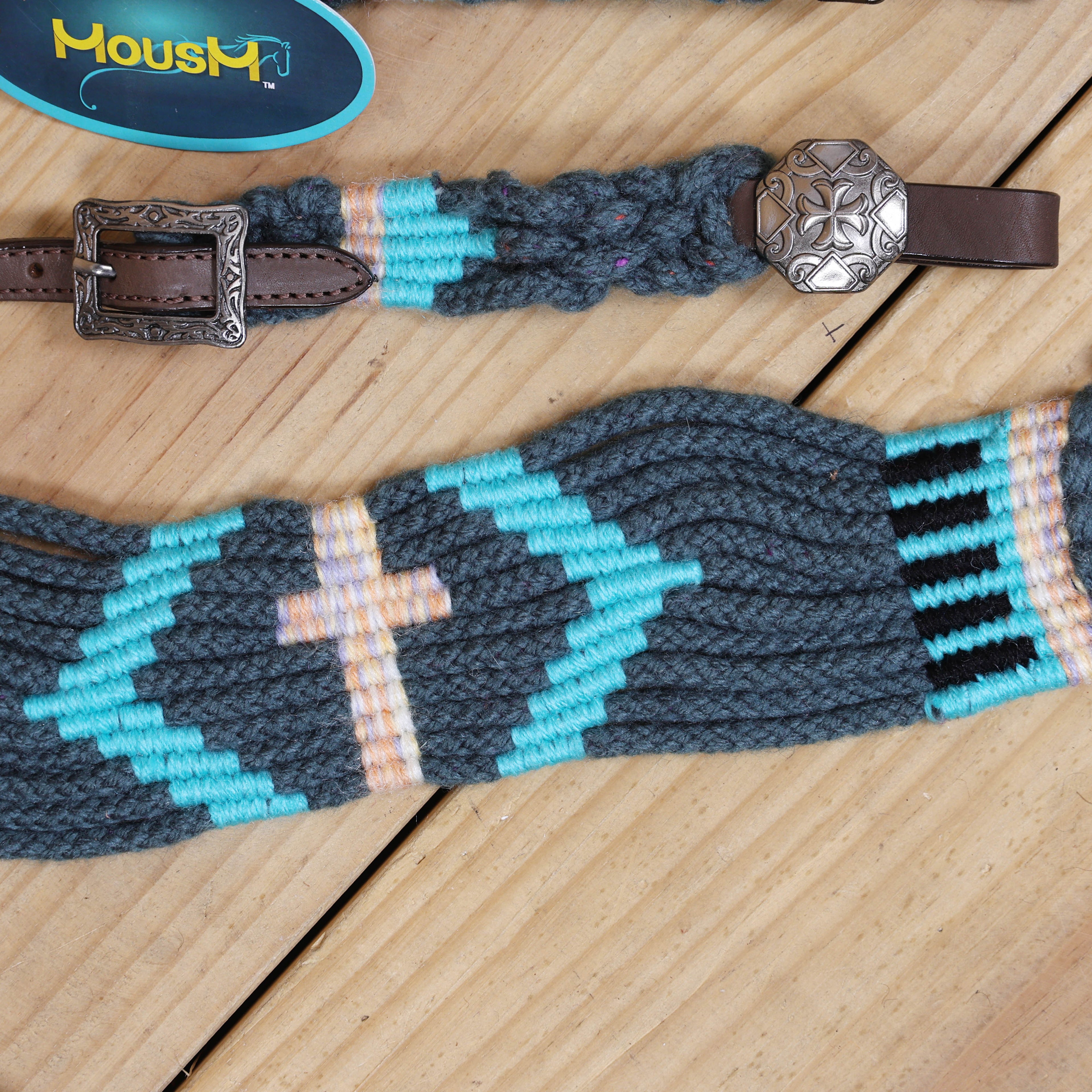 Dark Grey, Sky Blue & Beige Mohair Western Headstall Tack Set with 32” Front Girth – Complete 5-Piece Set on Argentina Leather – Antique Copper Hardware – Handcrafted