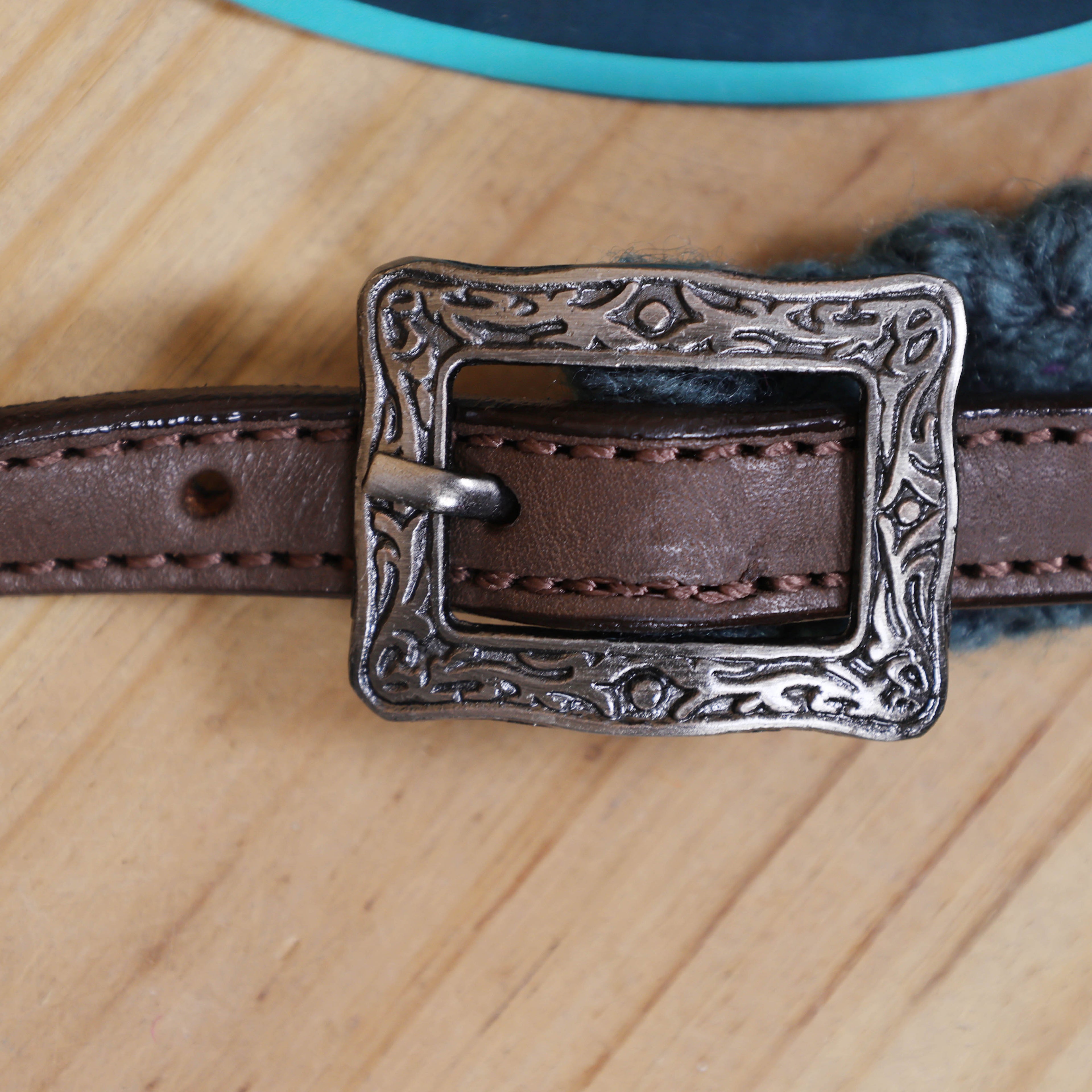 Dark Grey, Sky Blue & Beige Mohair Western Headstall Tack Set with 32” Front Girth – Complete 5-Piece Set on Argentina Leather – Antique Copper Hardware – Handcrafted