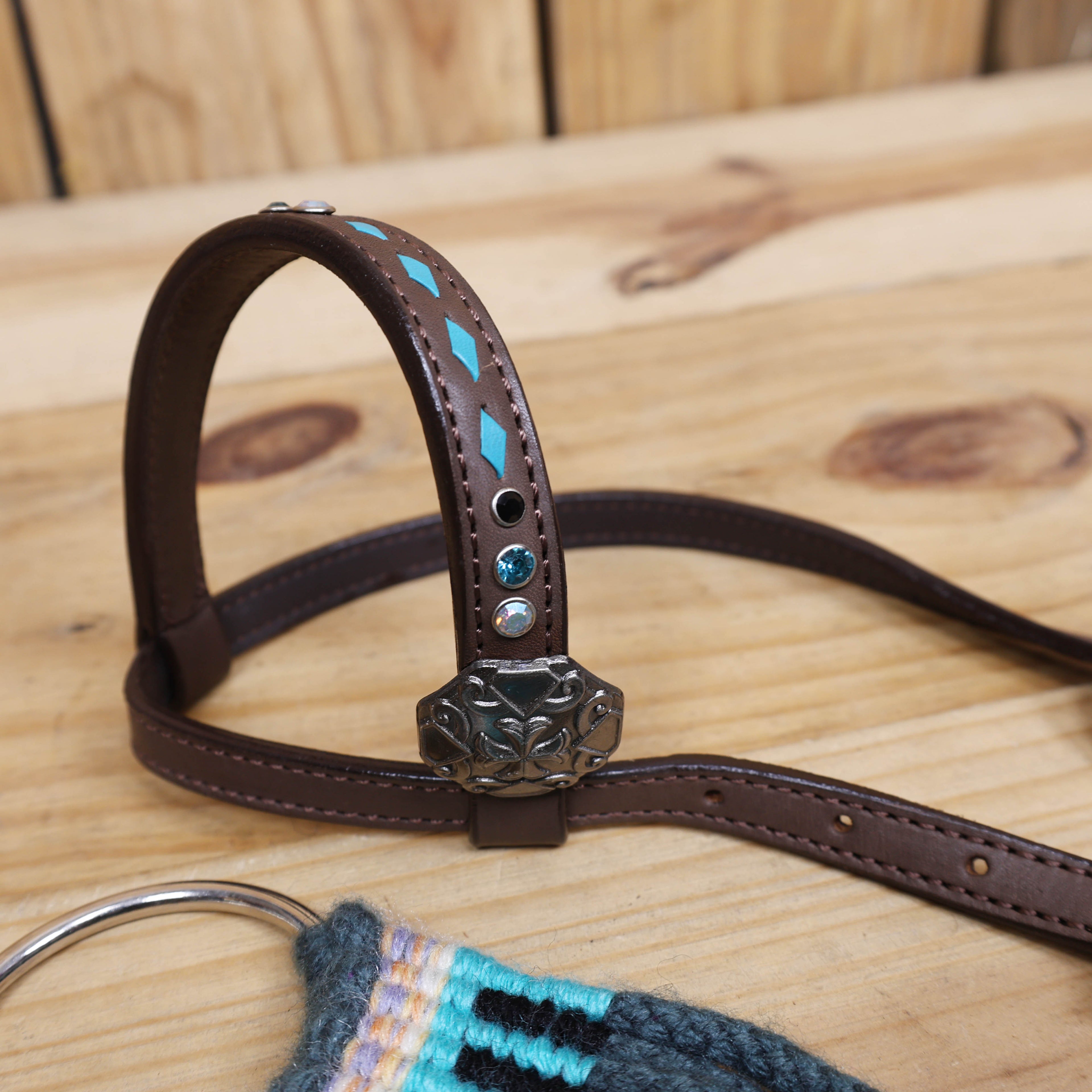 Dark Grey, Sky Blue & Beige Mohair Western Headstall Tack Set with 32” Front Girth – Complete 5-Piece Set on Argentina Leather – Antique Copper Hardware – Handcrafted