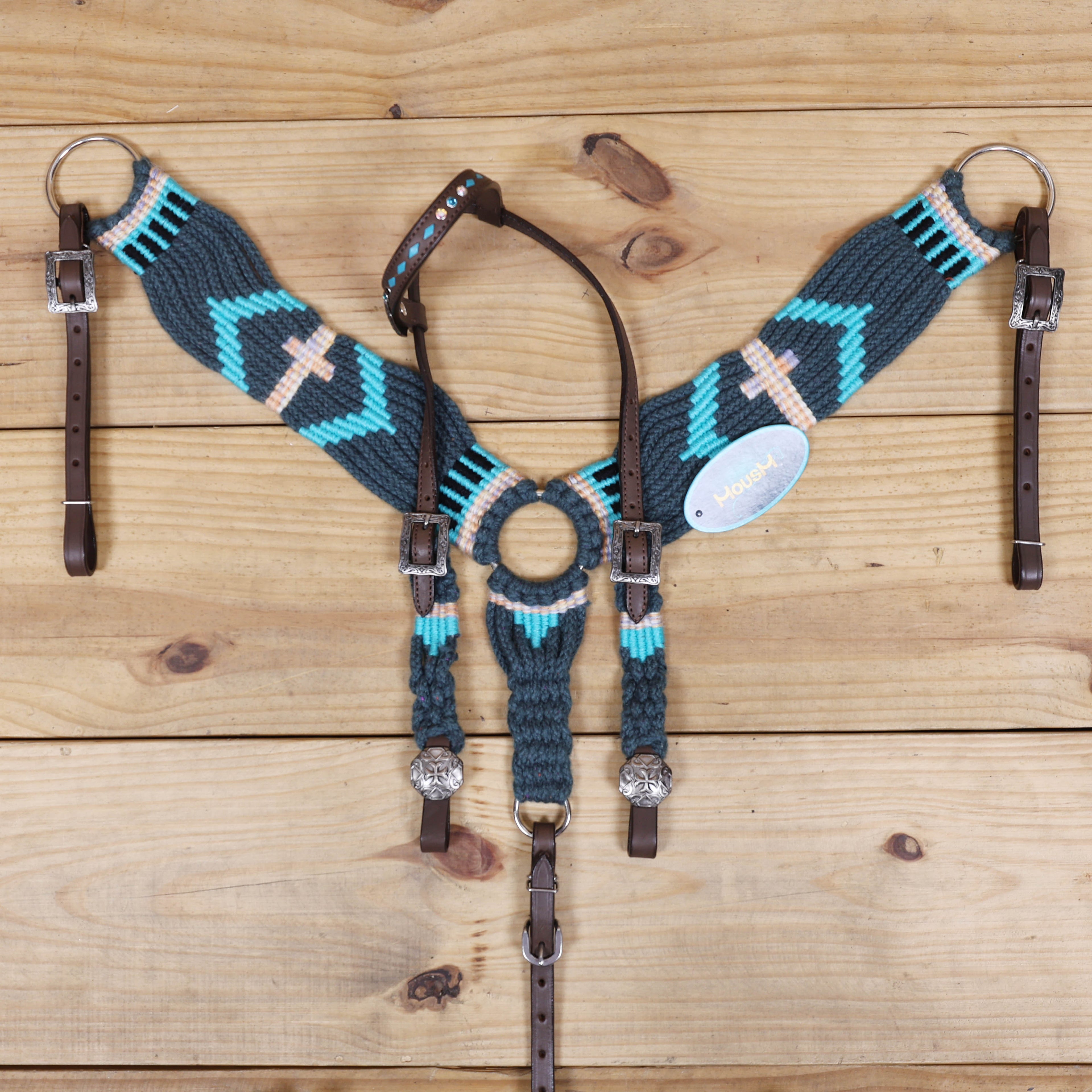 Dark Grey, Sky Blue & Beige Mohair Western Headstall Tack Set with 32” Front Girth – Complete 5-Piece Set on Argentina Leather – Antique Copper Hardware – Handcrafted
