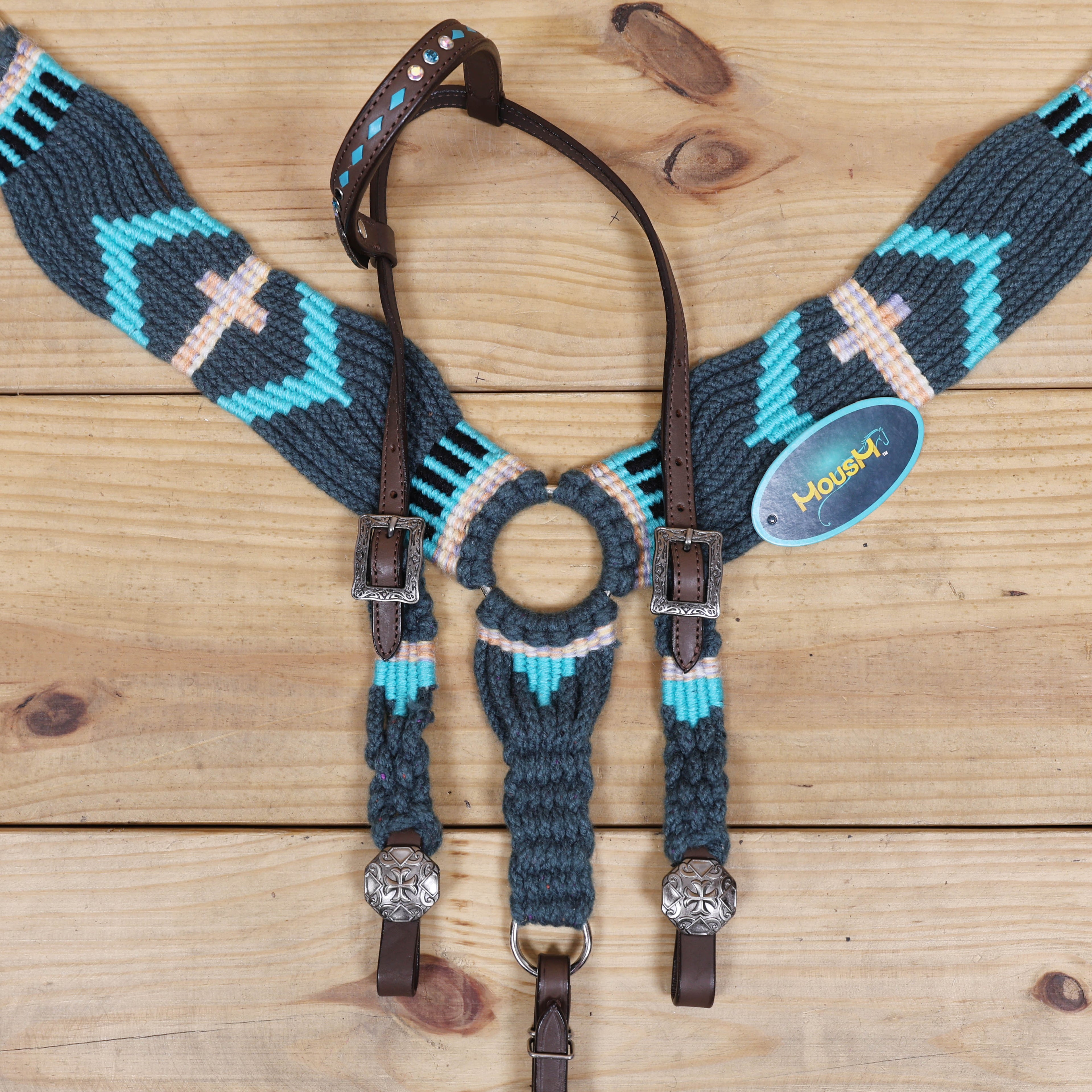 Dark Grey, Sky Blue & Beige Mohair Western Headstall Tack Set with 32” Front Girth – Complete 5-Piece Set on Argentina Leather – Antique Copper Hardware – Handcrafted