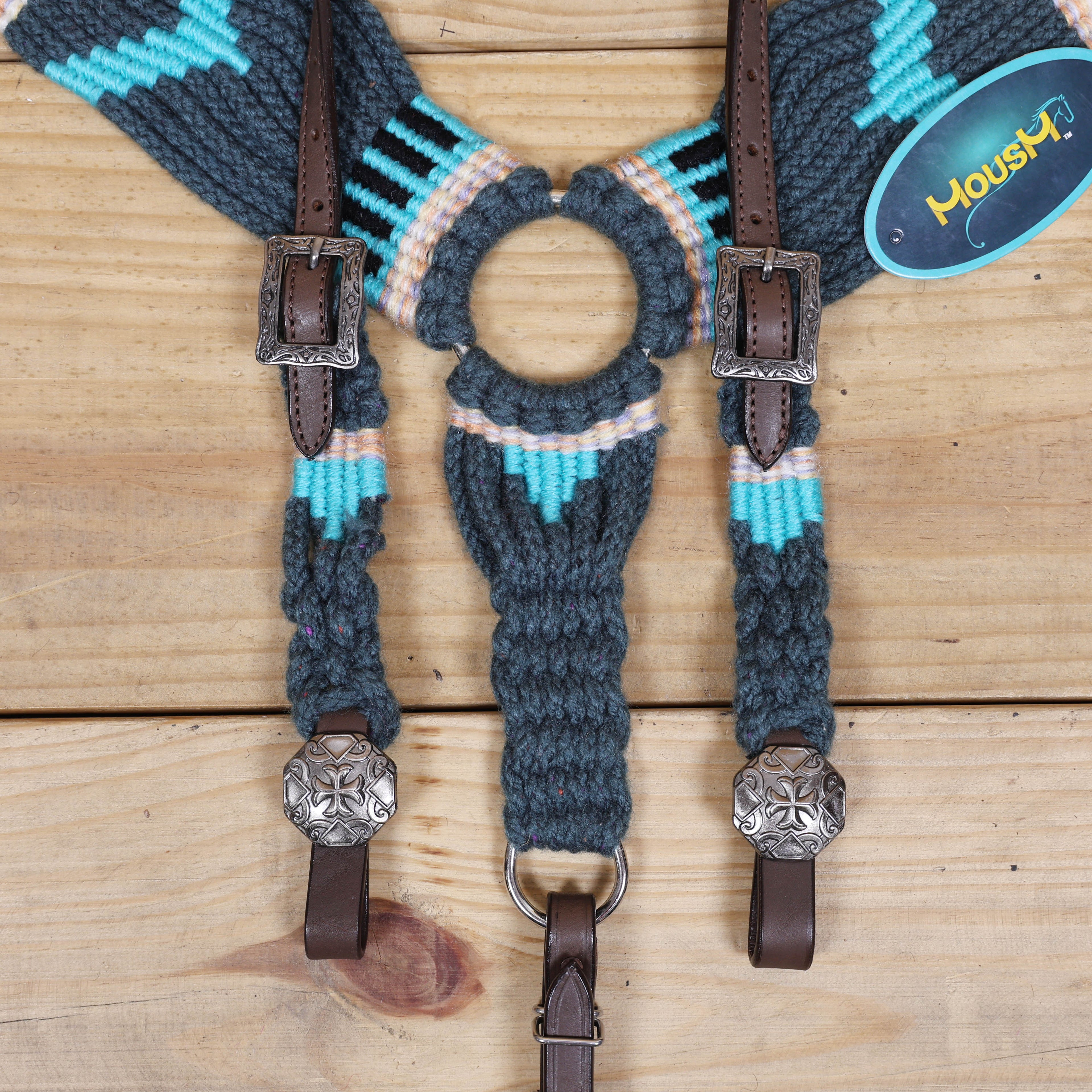 Dark Grey, Sky Blue & Beige Mohair Western Headstall Tack Set with 32” Front Girth – Complete 5-Piece Set on Argentina Leather – Antique Copper Hardware – Handcrafted