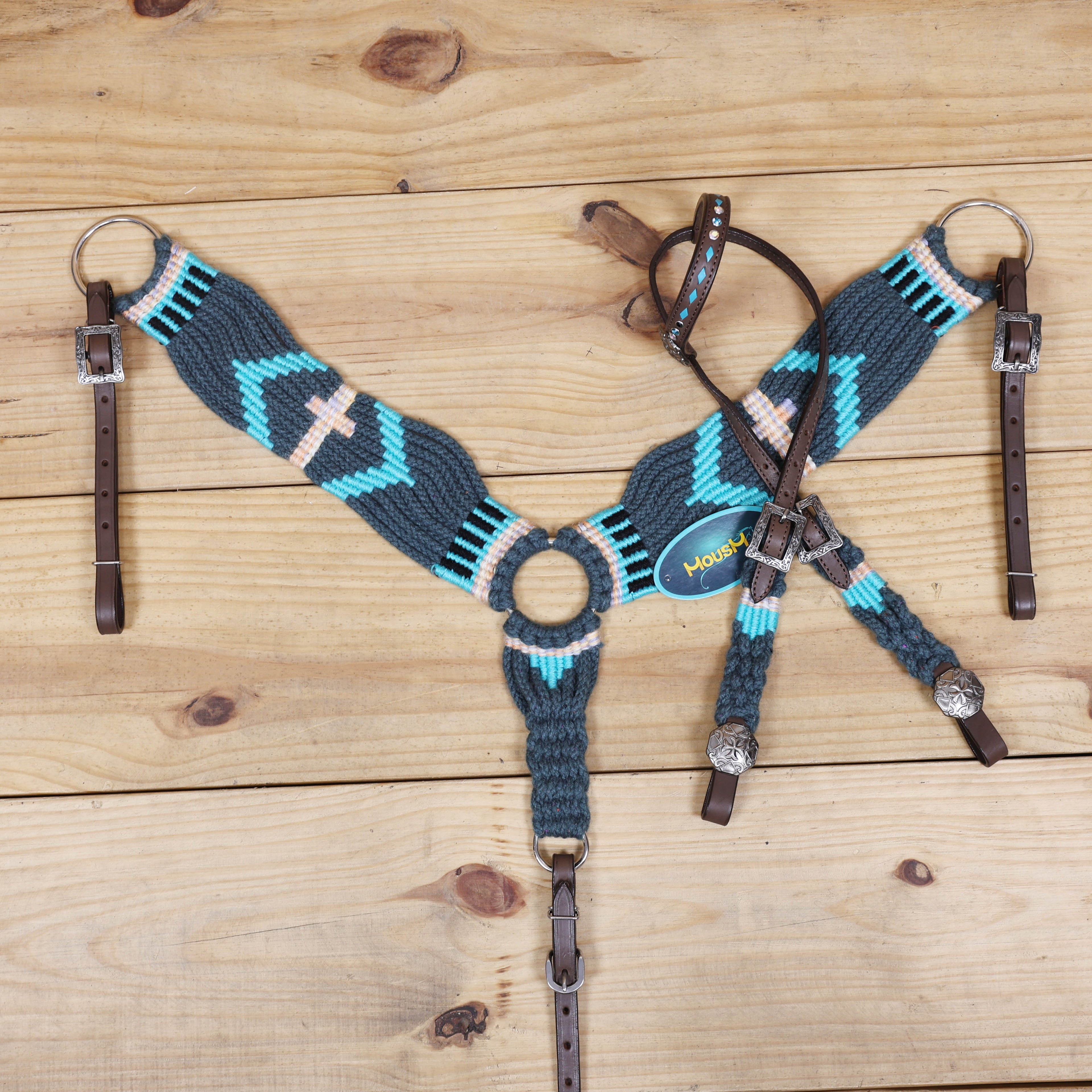 Dark Grey, Sky Blue & Beige Mohair Western Headstall Tack Set with 32” Front Girth – Complete 5-Piece Set on Argentina Leather – Antique Copper Hardware – Handcrafted