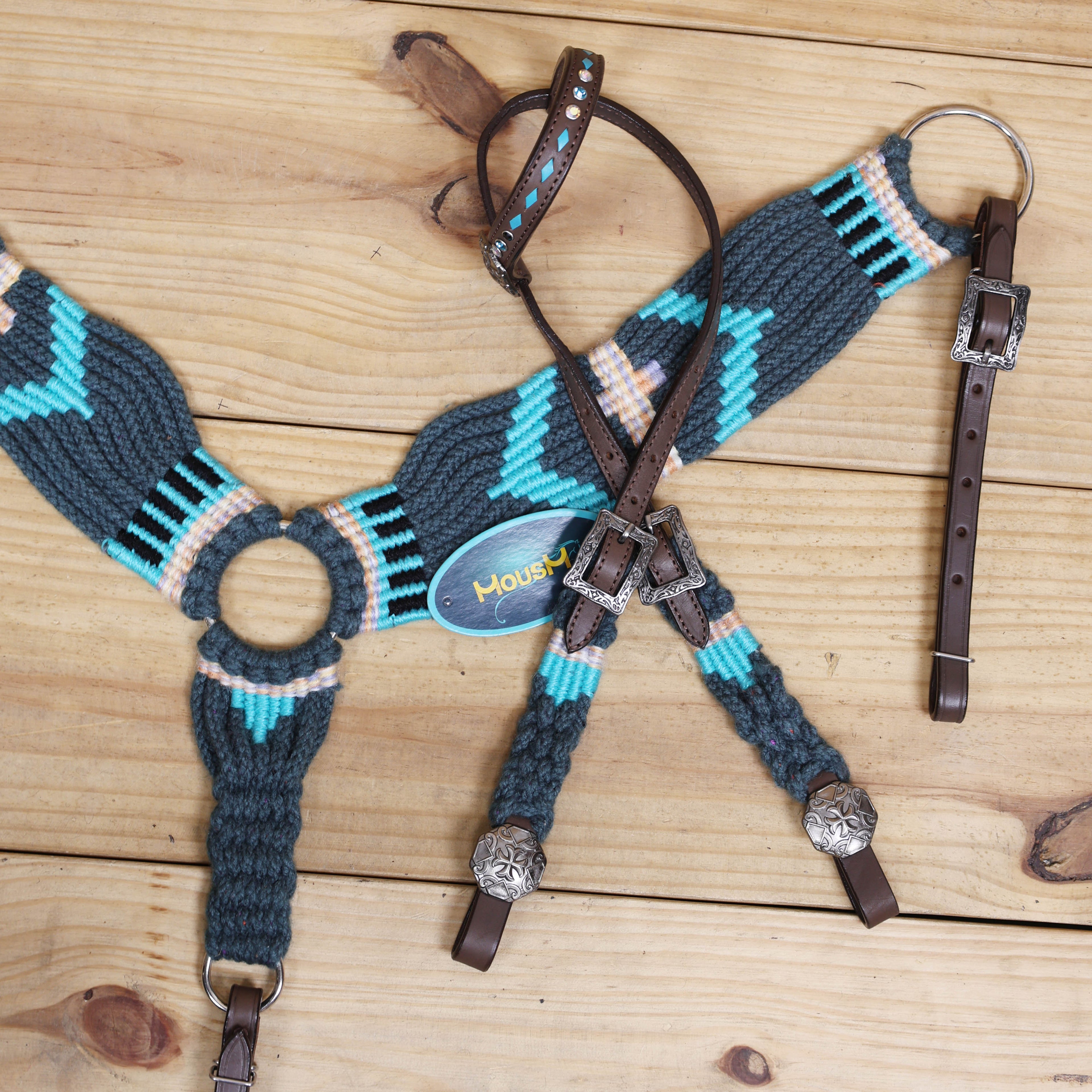 Dark Grey, Sky Blue & Beige Mohair Western Headstall Tack Set with 32” Front Girth – Complete 5-Piece Set on Argentina Leather – Antique Copper Hardware – Handcrafted