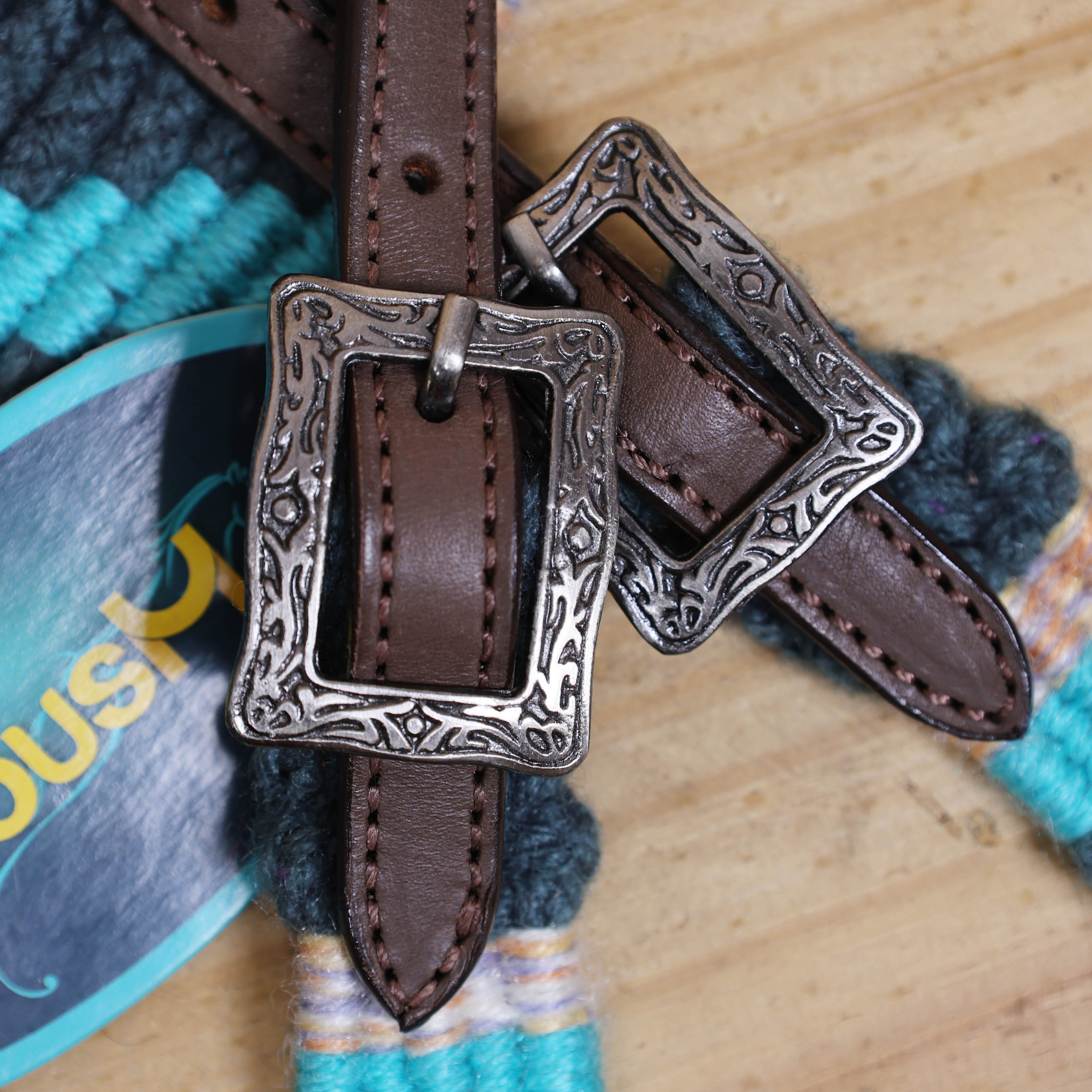 Dark Grey, Sky Blue & Beige Mohair Western Headstall Tack Set with 32” Front Girth – Complete 5-Piece Set on Argentina Leather – Antique Copper Hardware – Handcrafted