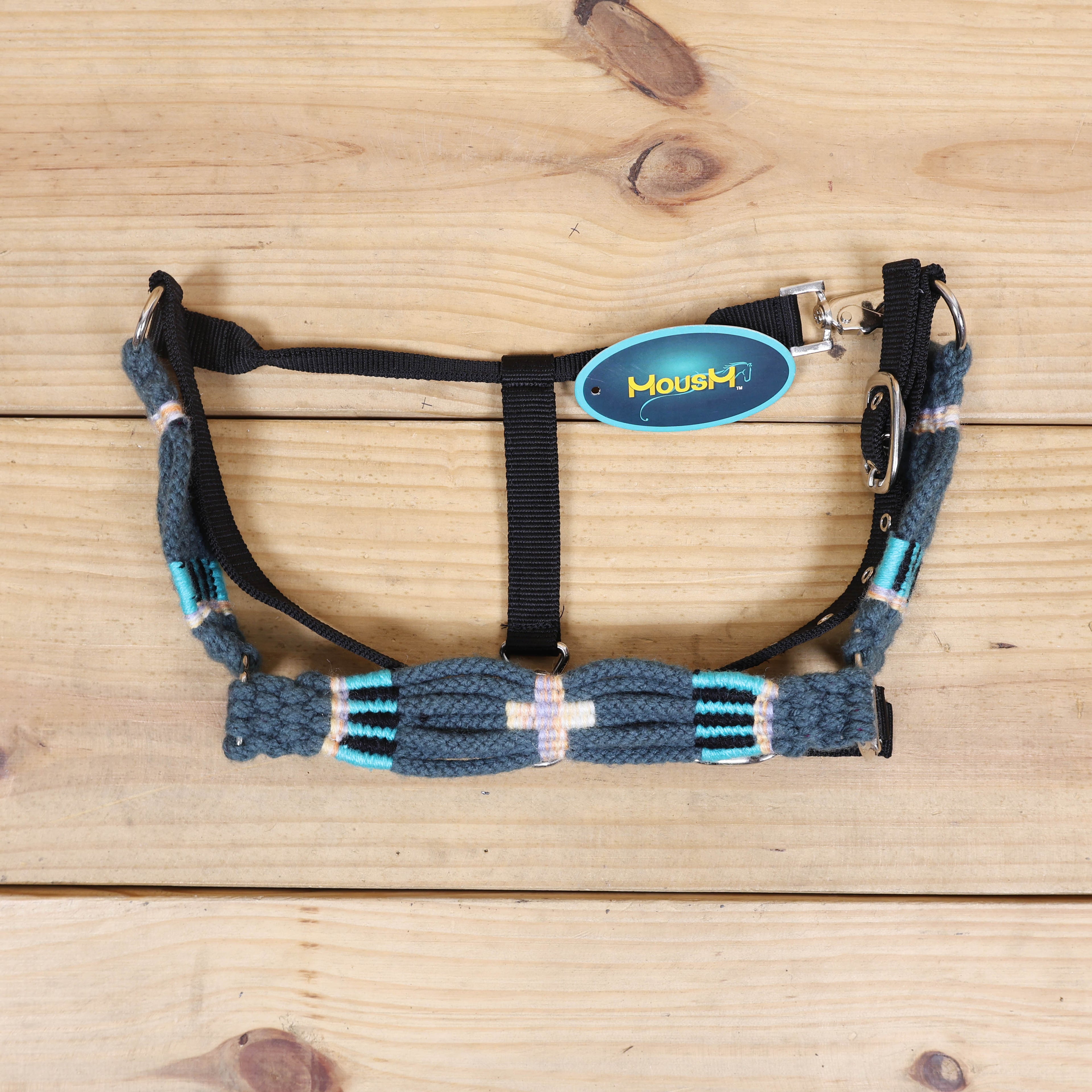 Dark Grey, Sky Blue & Beige Mohair Western Headstall Tack Set with 32” Front Girth – Complete 5-Piece Set on Argentina Leather – Antique Copper Hardware – Handcrafted