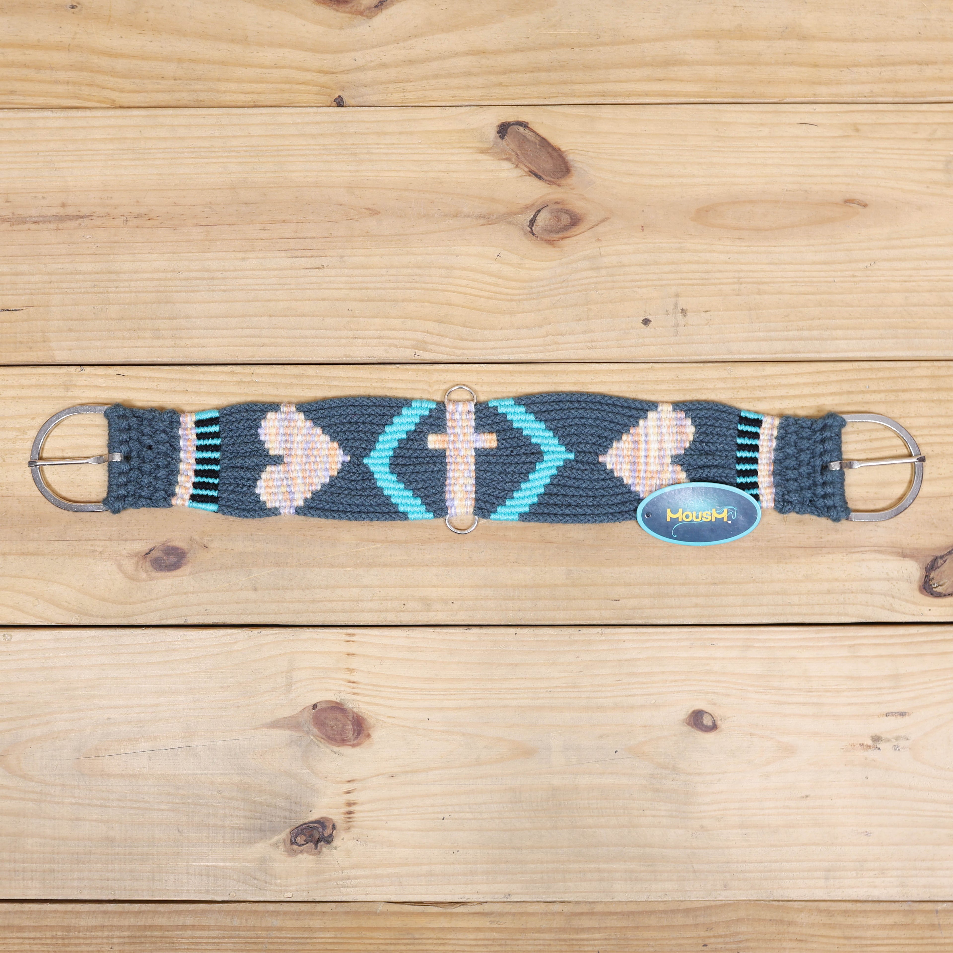 Dark Grey, Sky Blue & Beige Mohair Western Headstall Tack Set with 32” Front Girth – Complete 5-Piece Set on Argentina Leather – Antique Copper Hardware – Handcrafted