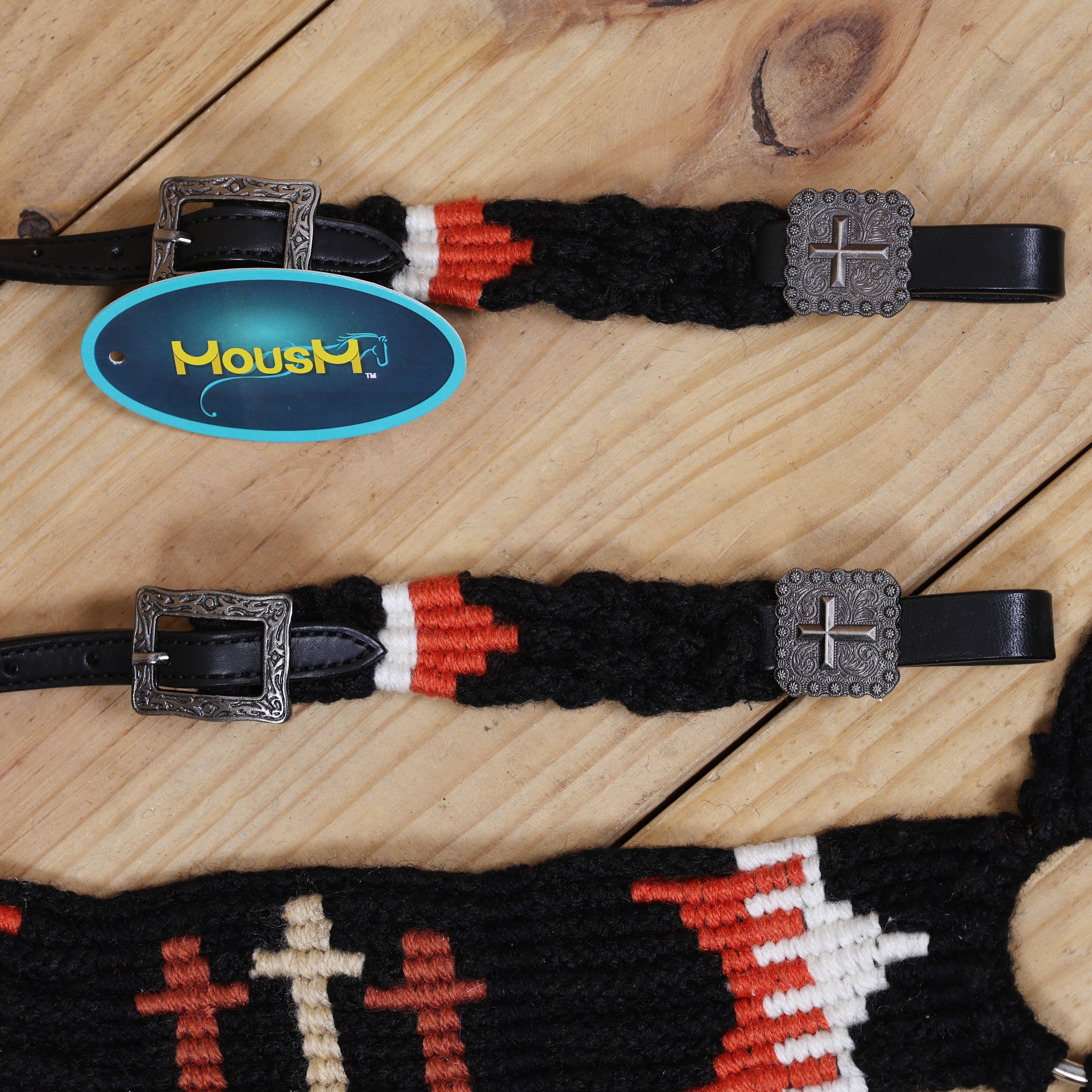 3 Cross Design Mohair Western Headstall Tack Set with 32” Front Girth – Black & Orange – Complete 5-Piece Set on Argentina Leather – Antique Copper Hardware – Handcrafted