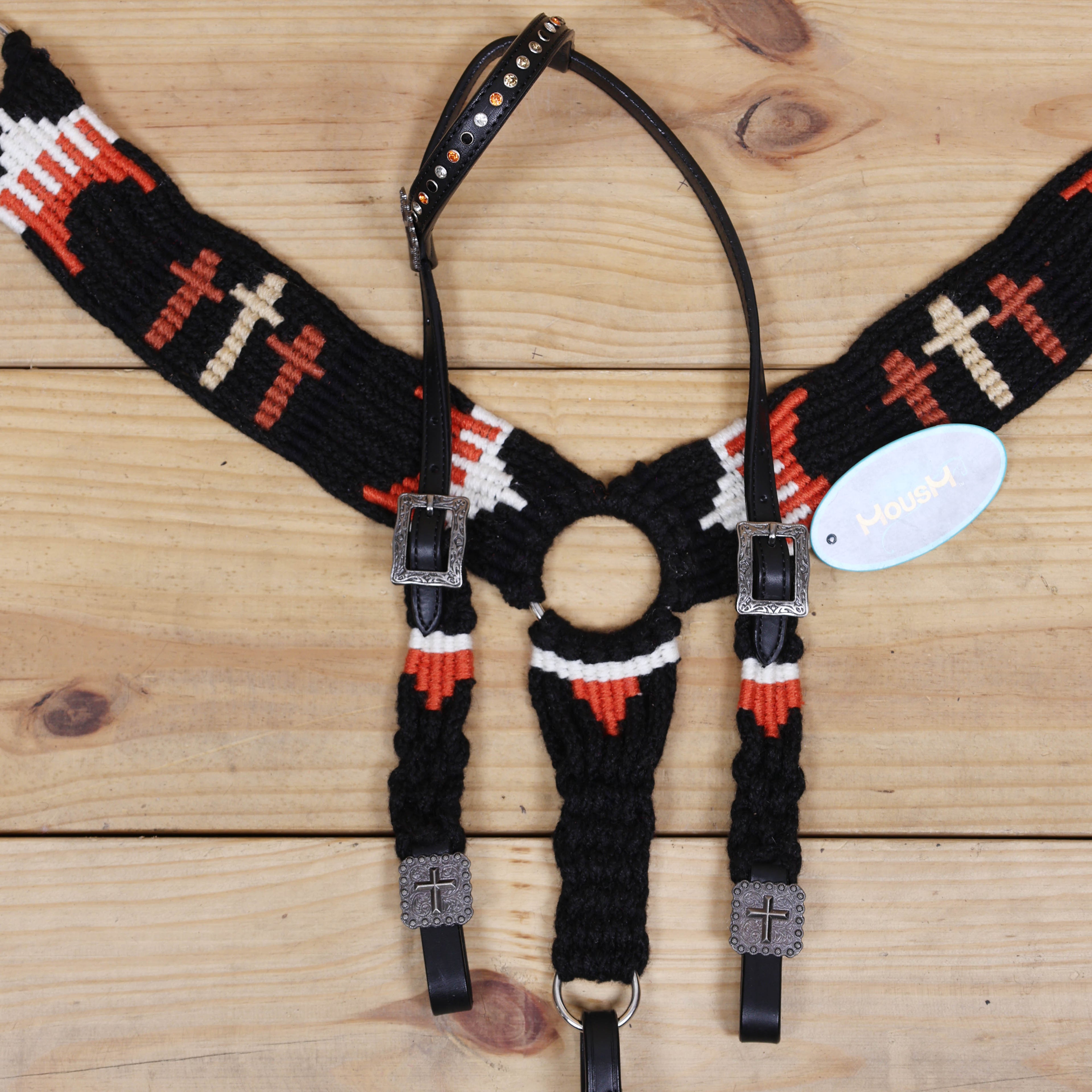 3 Cross Design Mohair Western Headstall Tack Set with 32” Front Girth – Black & Orange – Complete 5-Piece Set on Argentina Leather – Antique Copper Hardware – Handcrafted