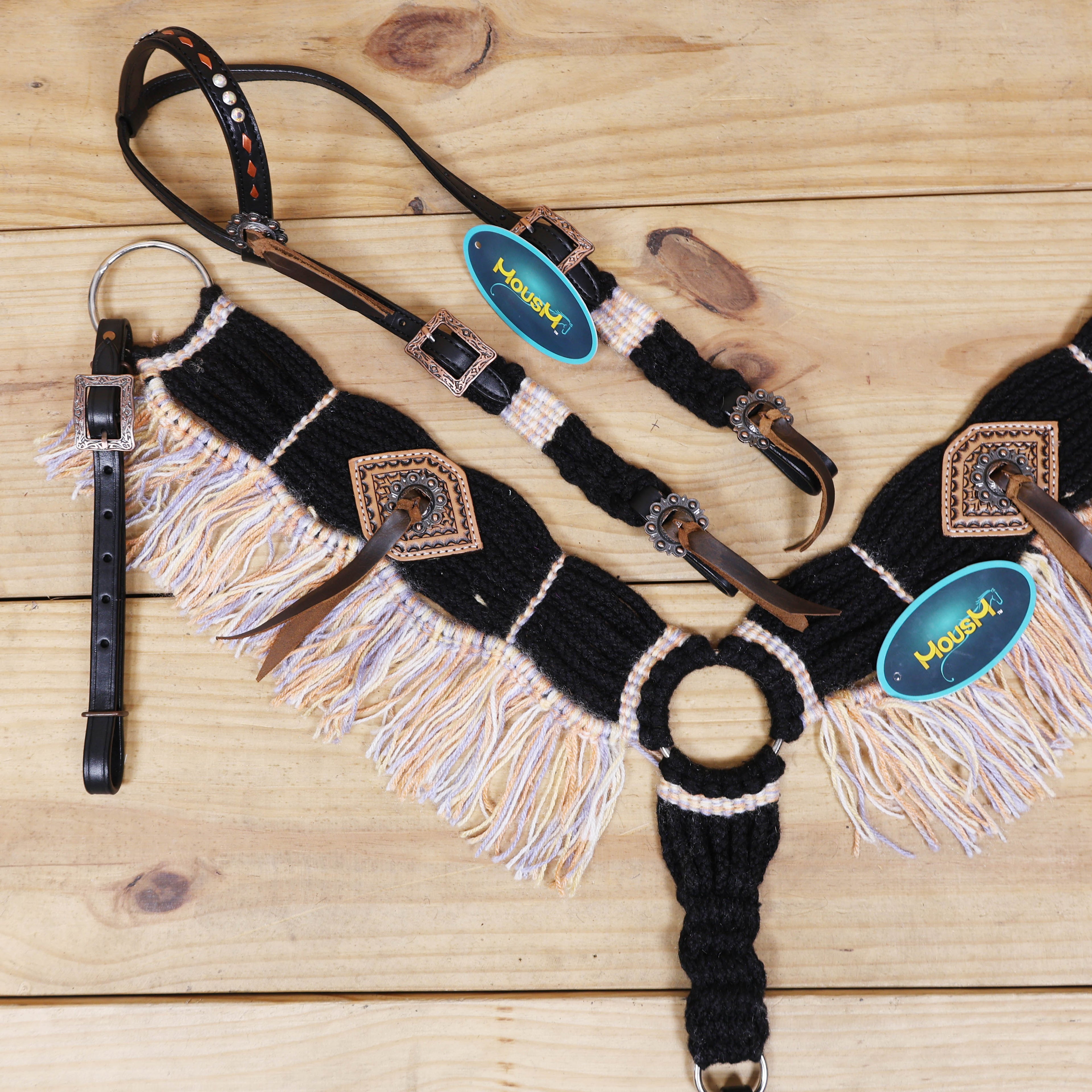 Dark Grey, Sky Blue & Beige Mohair Western Headstall Set Only on Argentina Leather – Antique Copper Hardware – Handcrafted