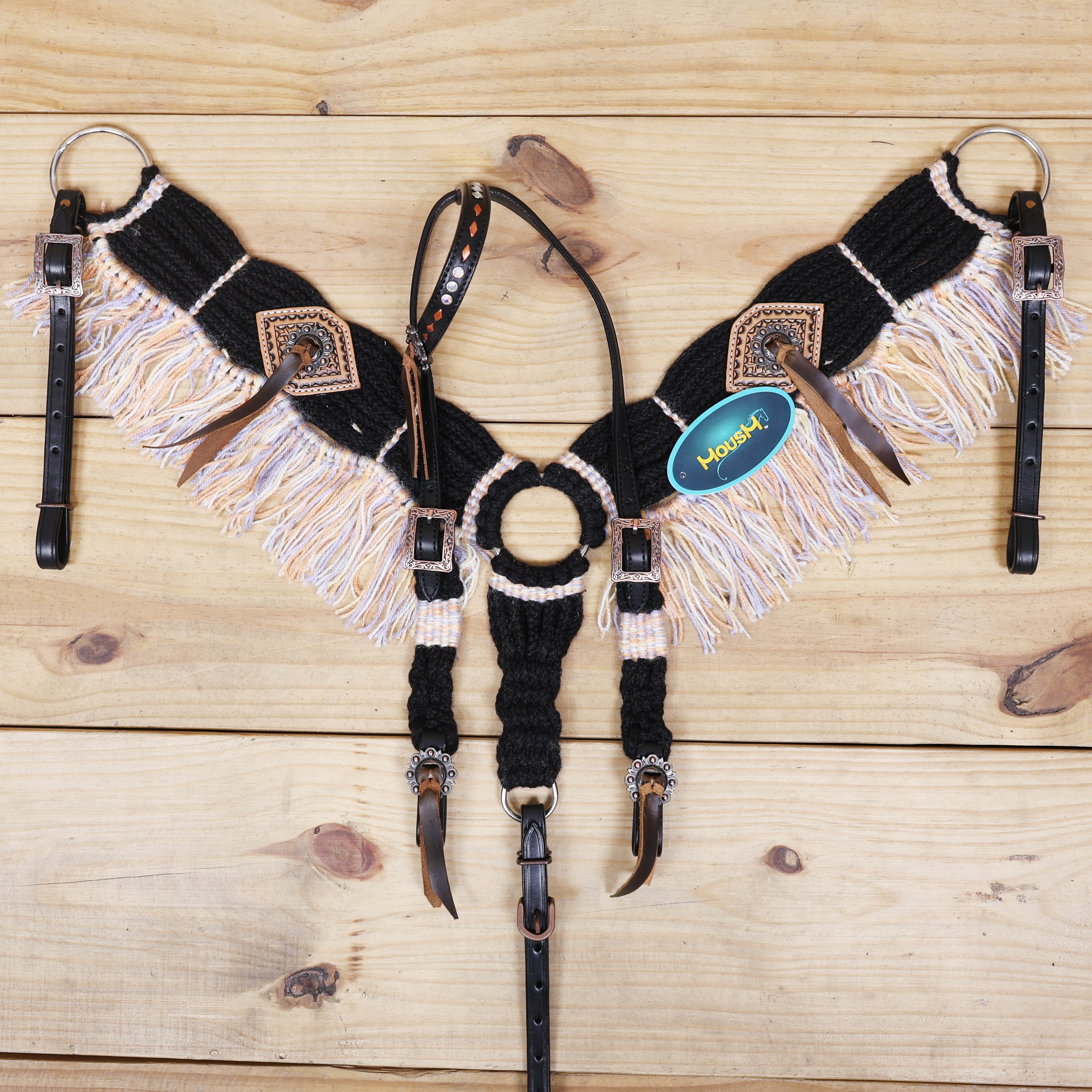 Dark Grey, Sky Blue & Beige Mohair Western Headstall Set Only on Argentina Leather – Antique Copper Hardware – Handcrafted