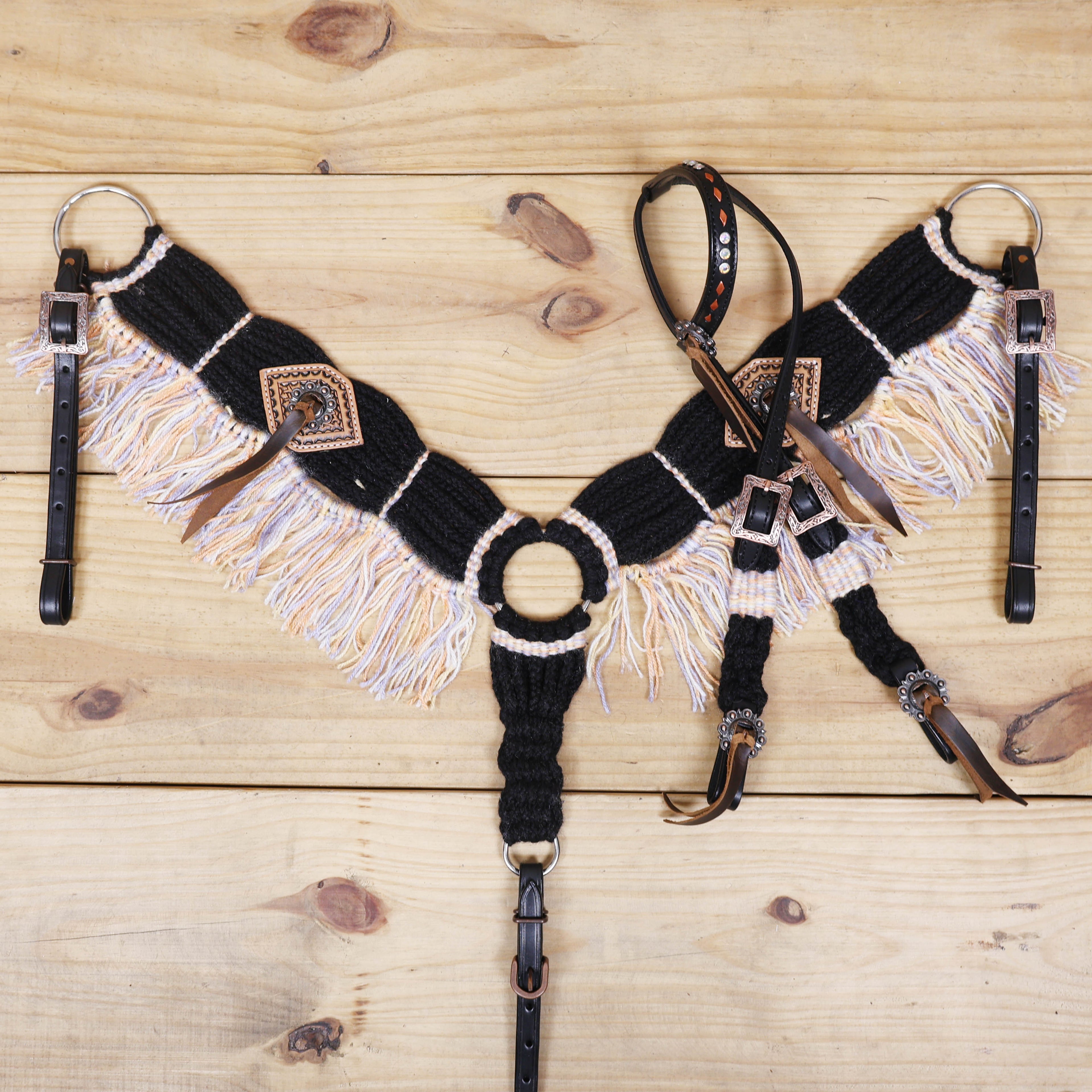 Dark Grey, Sky Blue & Beige Mohair Western Headstall Set Only on Argentina Leather – Antique Copper Hardware – Handcrafted