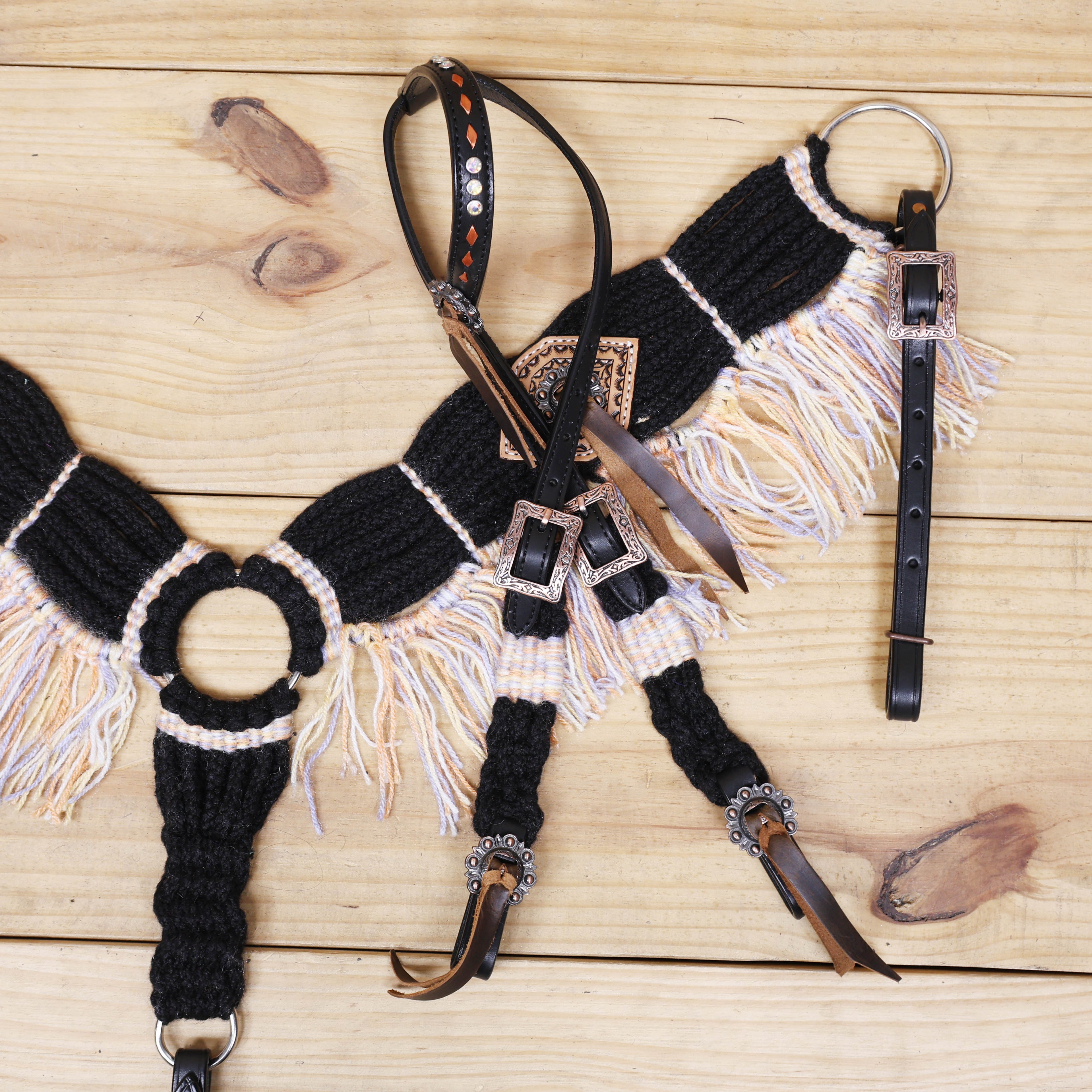 Dark Grey, Sky Blue & Beige Mohair Western Headstall Set Only on Argentina Leather – Antique Copper Hardware – Handcrafted
