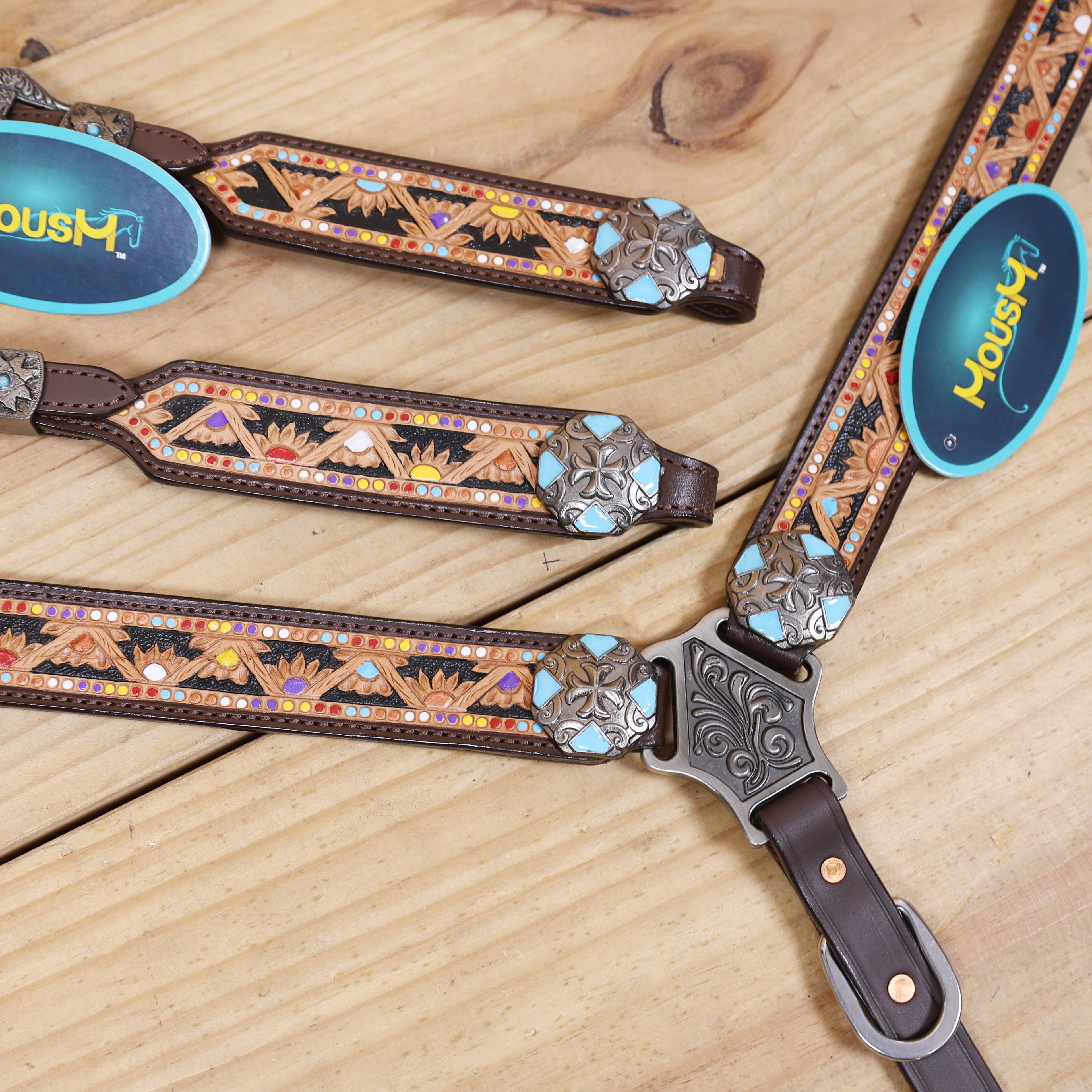 Western Leather Headstall & Breast Collar Tack Set – Hand-Tooled Floral & Geometric Carving with Hand Painting, Genuine Argentina Cow Leather