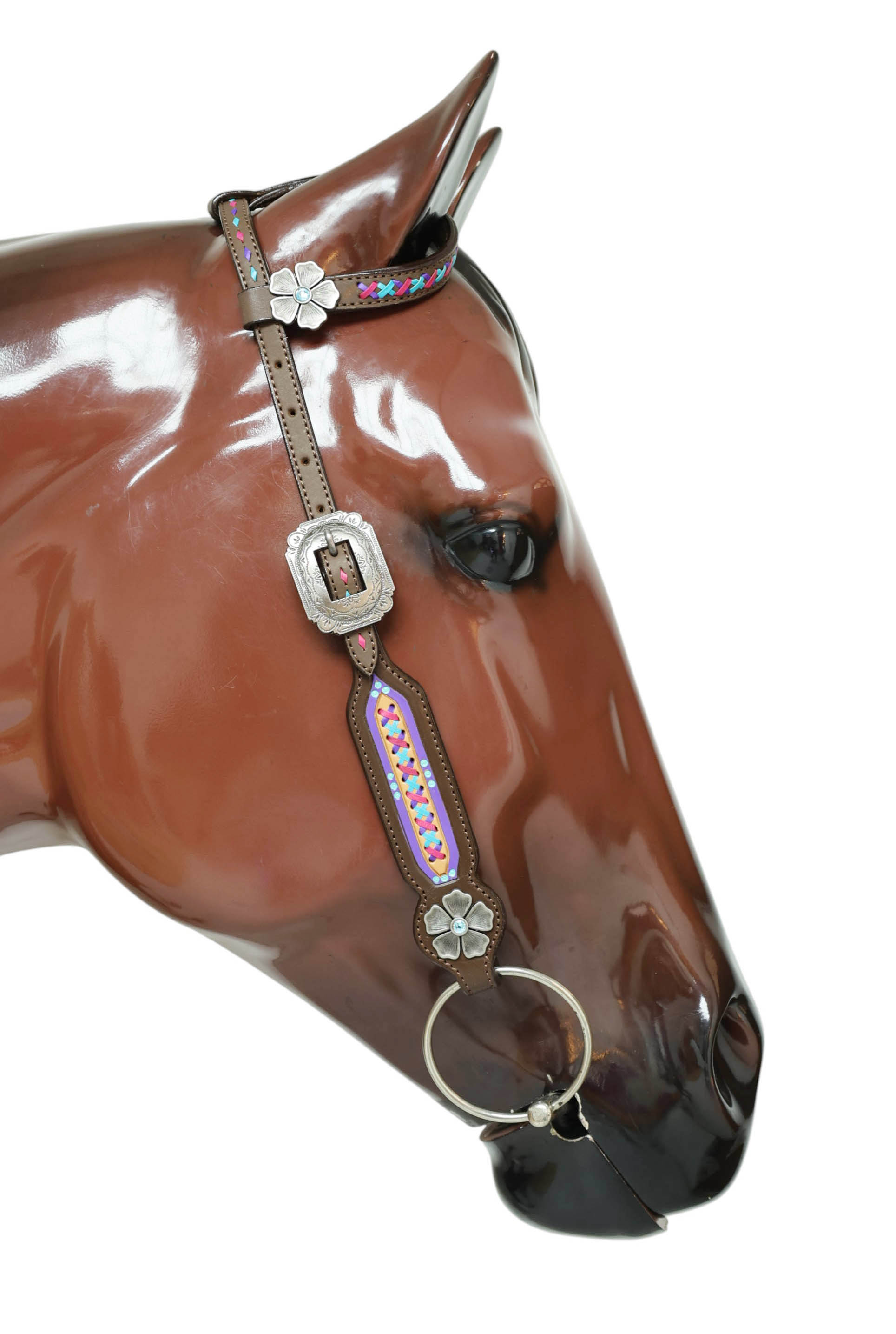 Western Leather Headstall & Breast Collar Tack Set – Floral Conchos, Teal Pink Purple Criss-Cross Rawhide Braiding