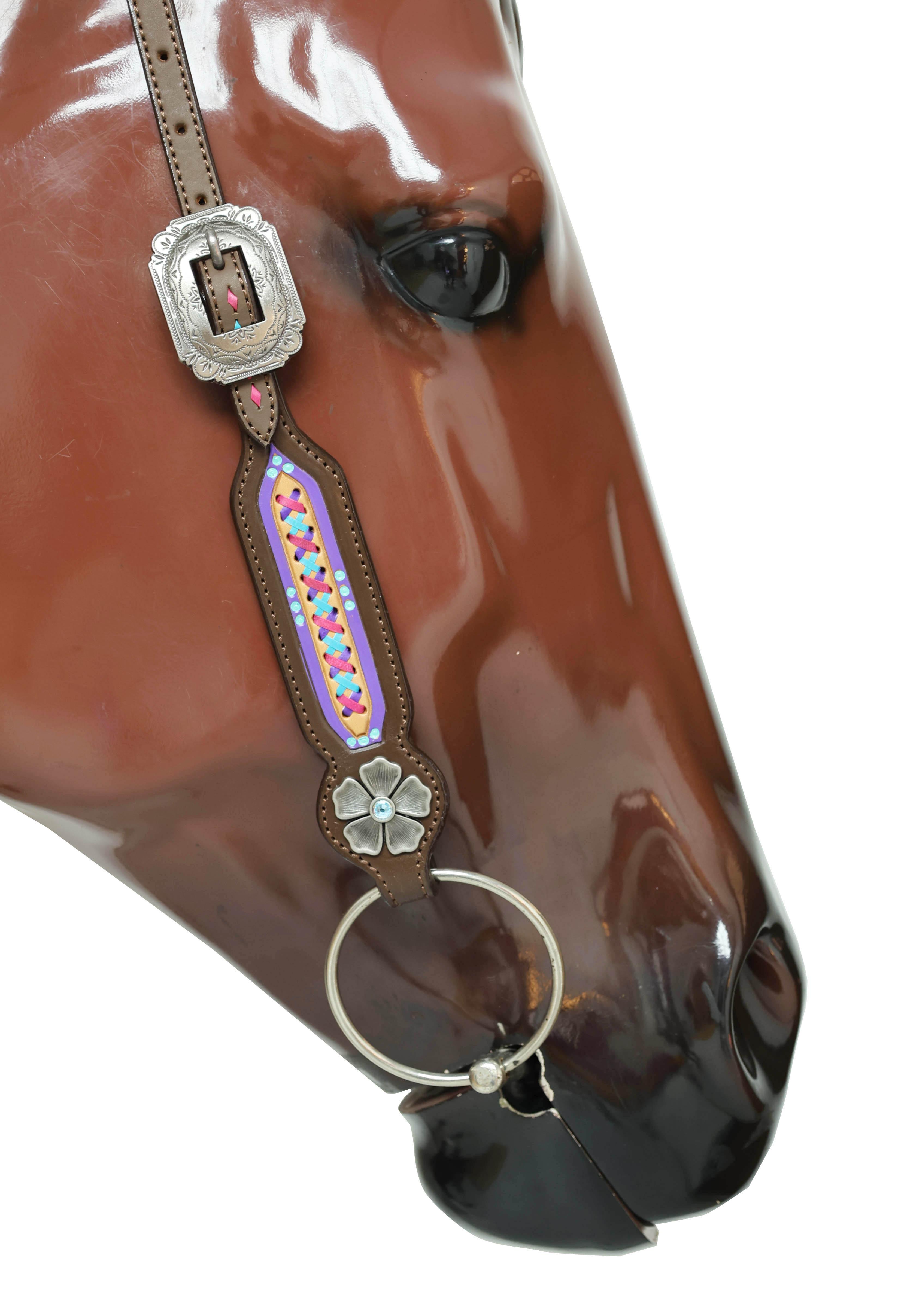 Western Leather Headstall & Breast Collar Tack Set – Floral Conchos, Teal Pink Purple Criss-Cross Rawhide Braiding