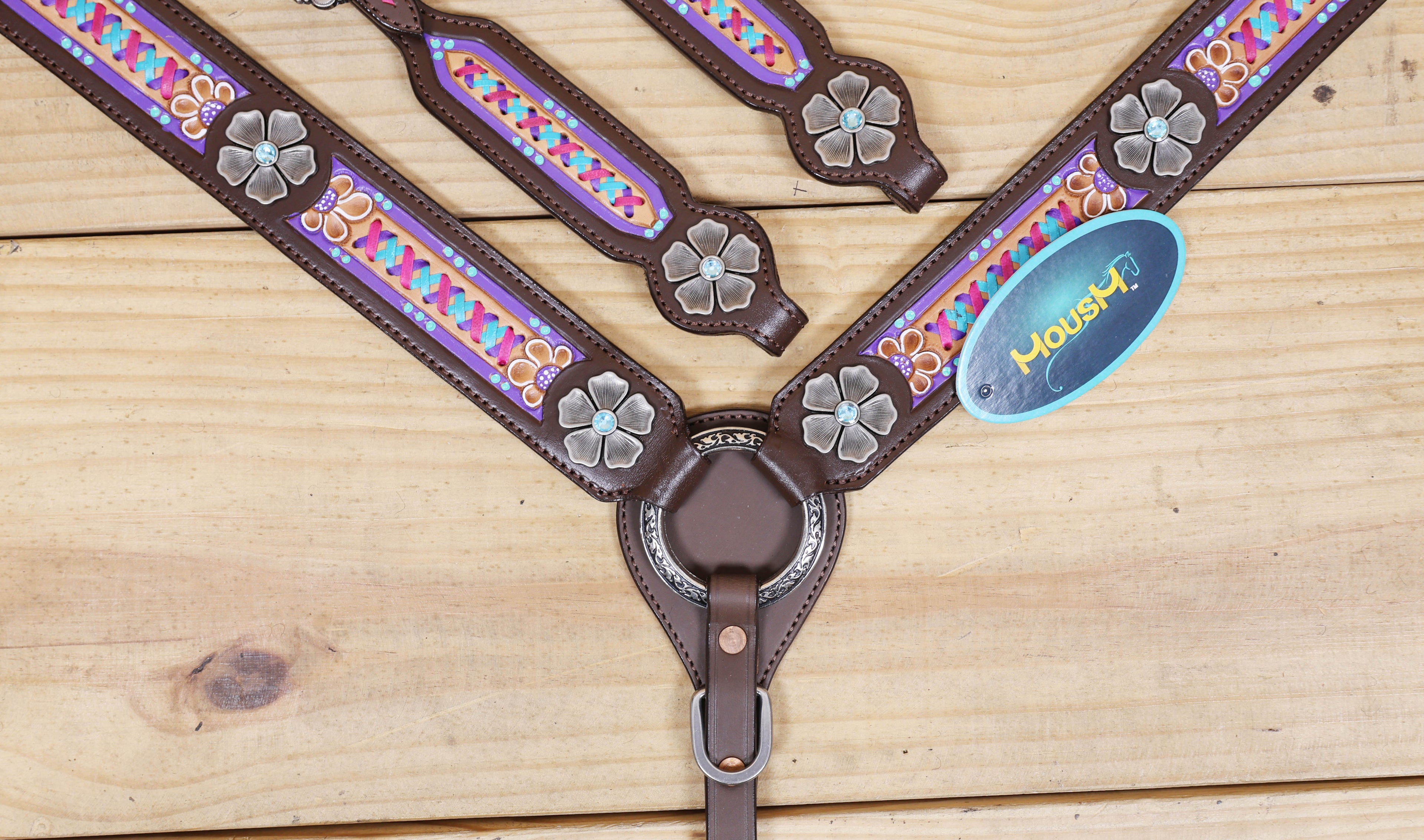Western Leather Headstall & Breast Collar Tack Set – Floral Conchos, Teal Pink Purple Criss-Cross Rawhide Braiding