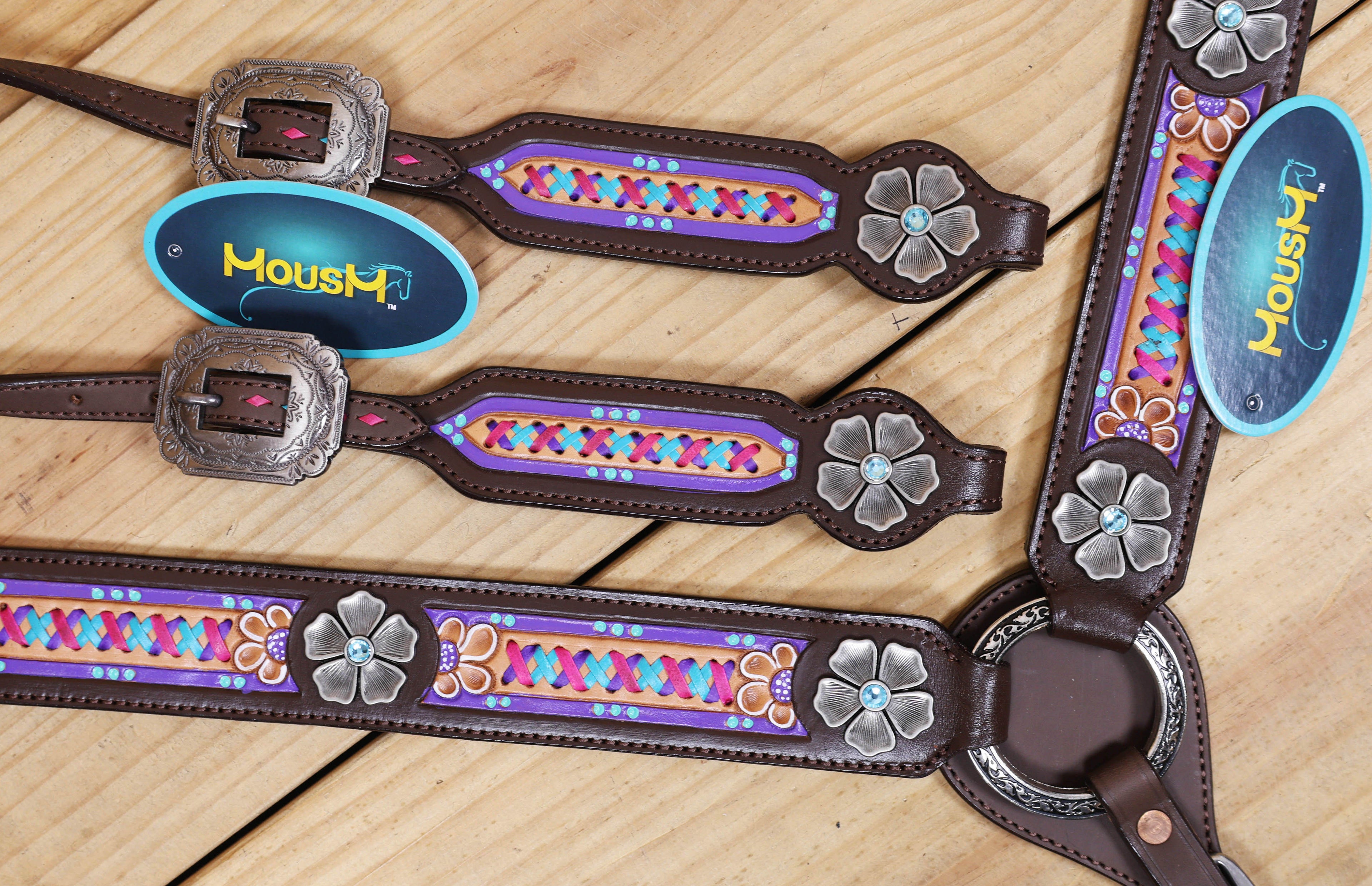 Western Leather Headstall & Breast Collar Tack Set – Floral Conchos, Teal Pink Purple Criss-Cross Rawhide Braiding