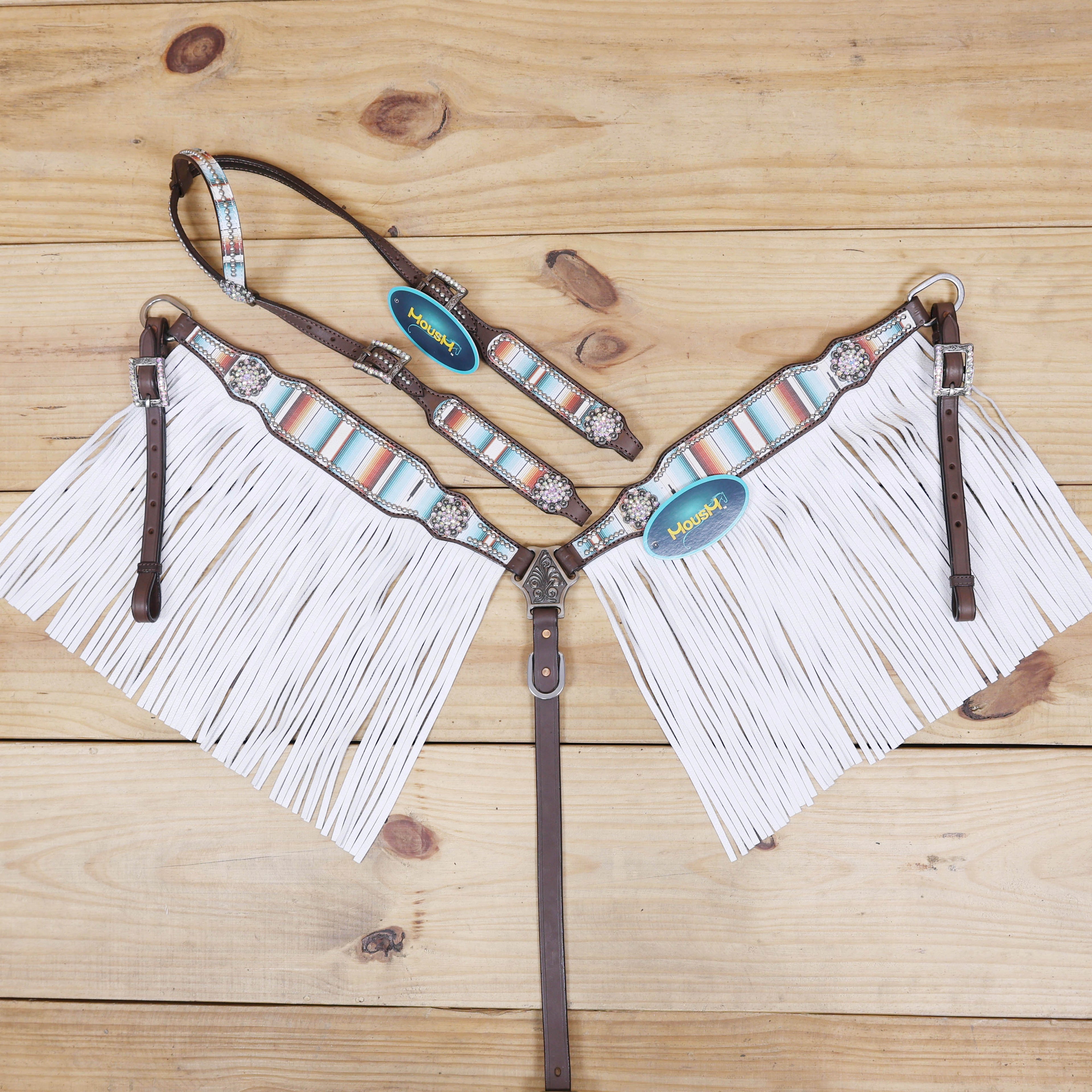 Western Leather Headstall & Breast Collar Tack Set – Serape Print, Silver Studs, Bling Conchos, Long White Fringe, Genuine Argentina Cow Leather, Antique Nickel Hardware – Full Horse