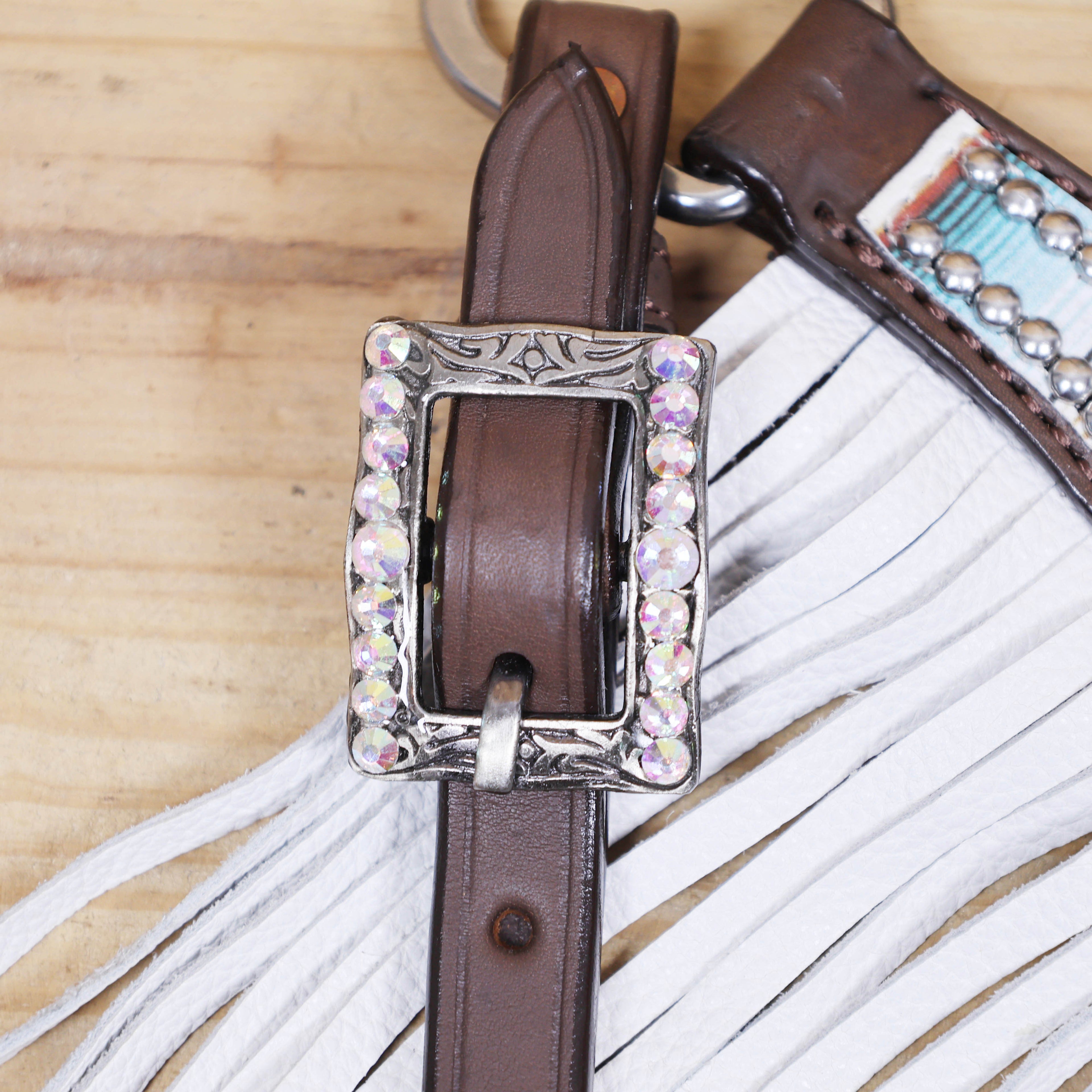 Western Leather Headstall & Breast Collar Tack Set – Serape Print, Silver Studs, Bling Conchos, Long White Fringe, Genuine Argentina Cow Leather, Antique Nickel Hardware – Full Horse