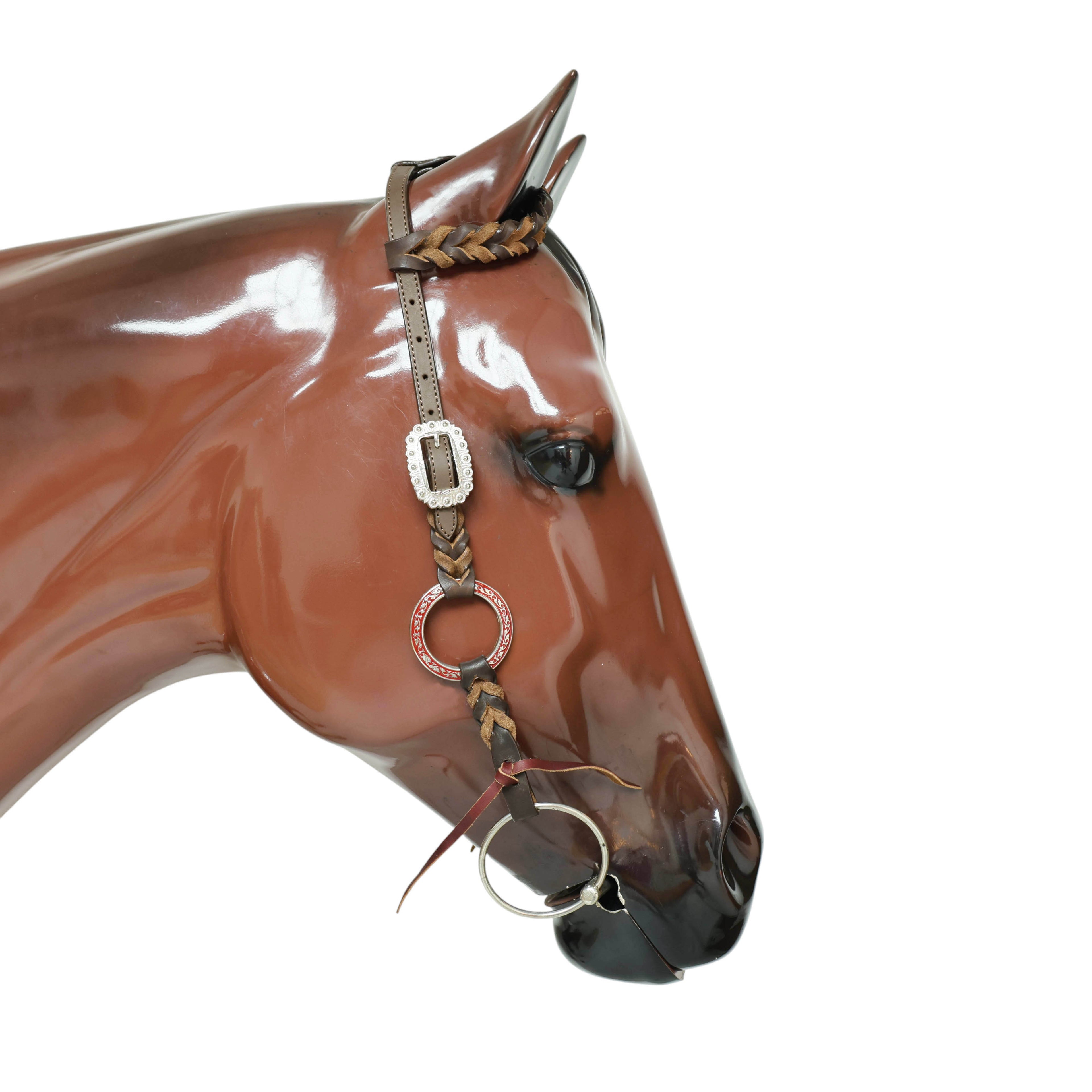 Western Leather One Ear Headstall & Breast Collar Tack Set – Red, Royal Blue & White Hand-Painted Engraved Rings, Fringe & Twisted Braiding, Argentina Cow Leather, Antique Nickel Hardware – Full Horse
