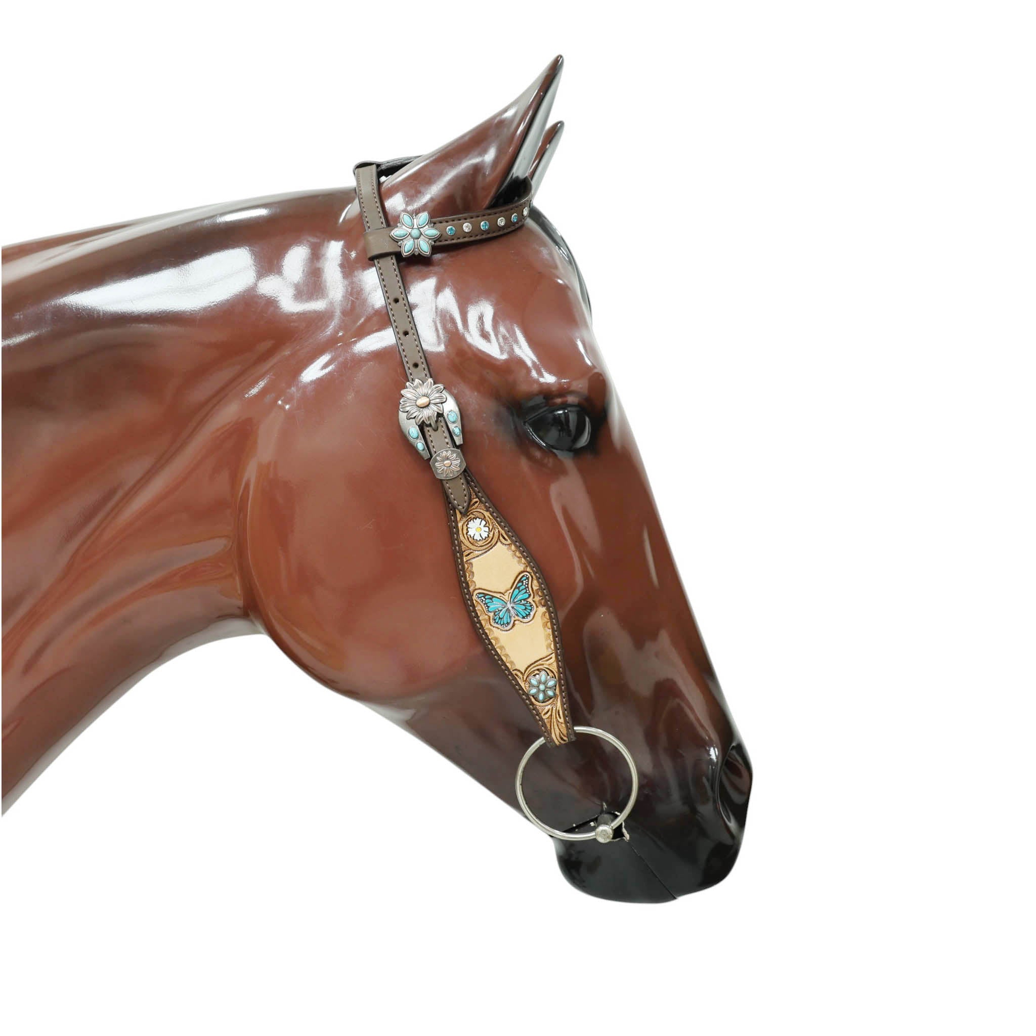 Handmade Western Leather Complete Tack Set – Teal Butterfly Hand Painted, Antique Carved Finish, Turquoise Flower Concho, Genuine Argentina Cow Leather – Full Horse