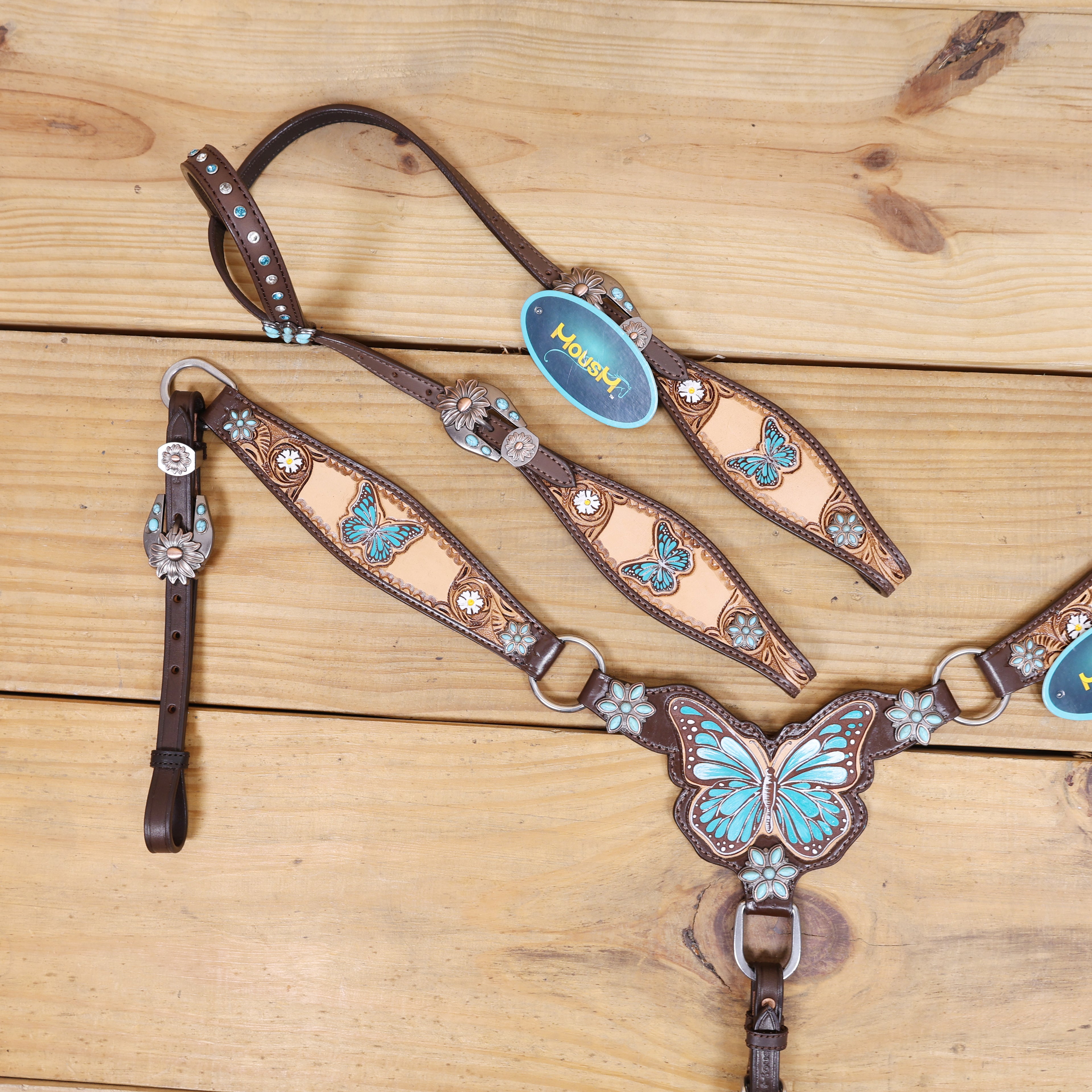 Handmade Western Leather Complete Tack Set – Teal Butterfly Hand Painted, Antique Carved Finish, Turquoise Flower Concho, Genuine Argentina Cow Leather – Full Horse