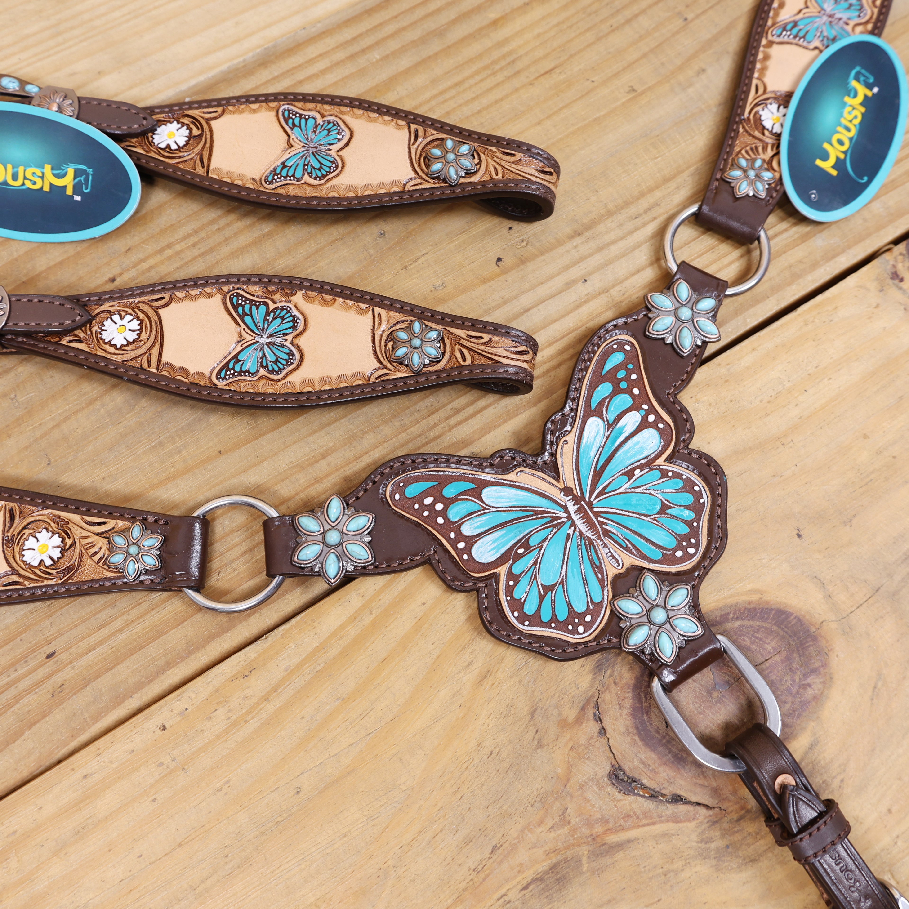 Handmade Western Leather Complete Tack Set – Teal Butterfly Hand Painted, Antique Carved Finish, Turquoise Flower Concho, Genuine Argentina Cow Leather – Full Horse