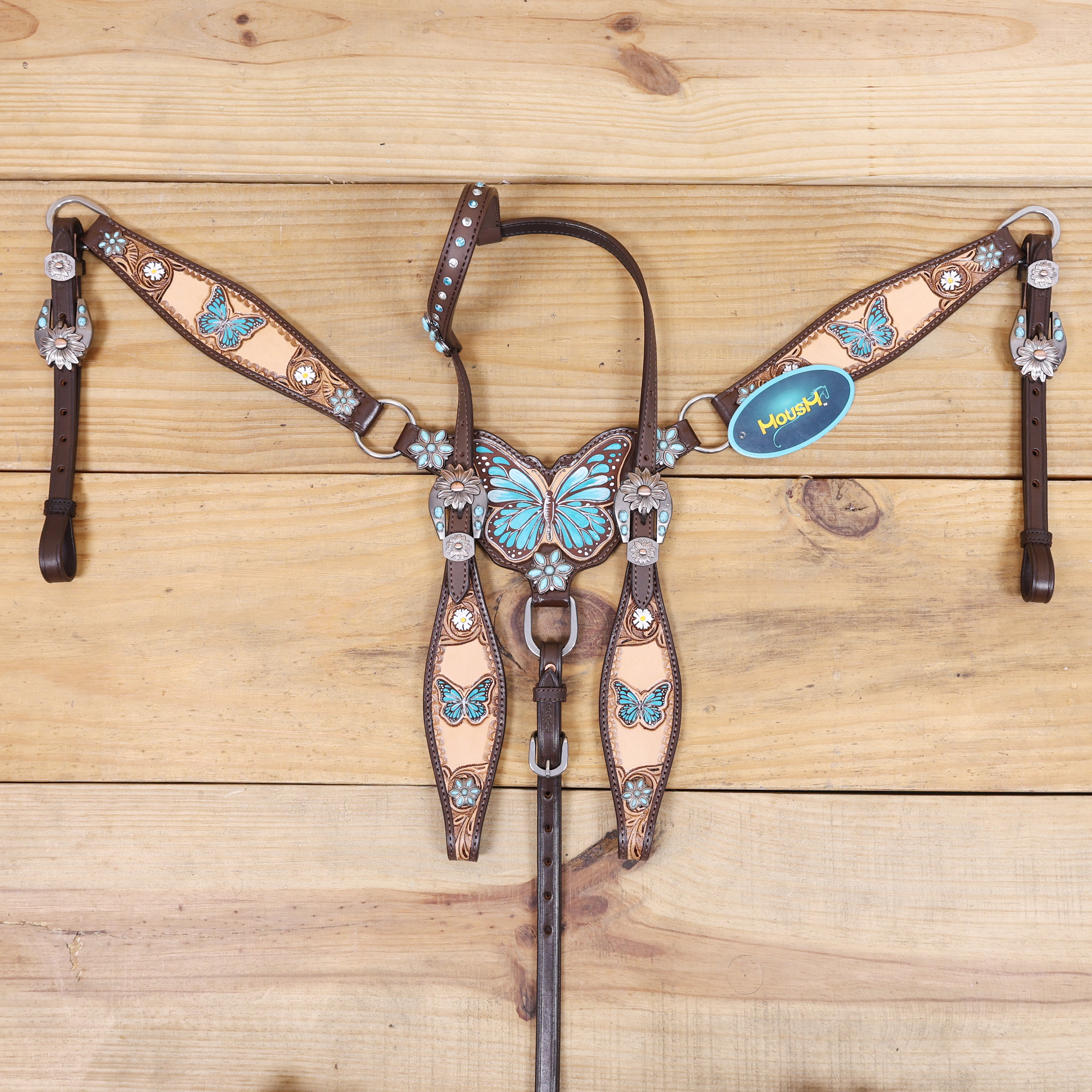 Handmade Western Leather Complete Tack Set – Teal Butterfly Hand Painted, Antique Carved Finish, Turquoise Flower Concho, Genuine Argentina Cow Leather – Full Horse