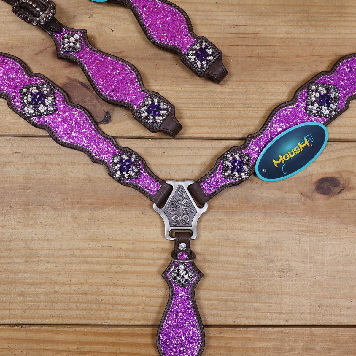 Purple Glitter Headstall and Breast Collar Set with Silver Studs