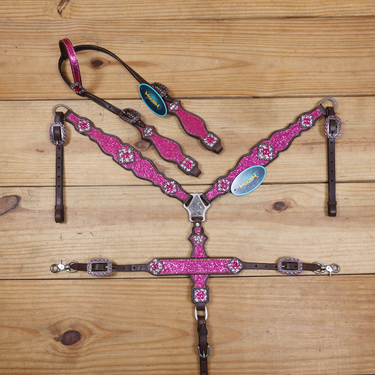 Hot Pink Glitter Headstall and Breast Collar with Silver Studs