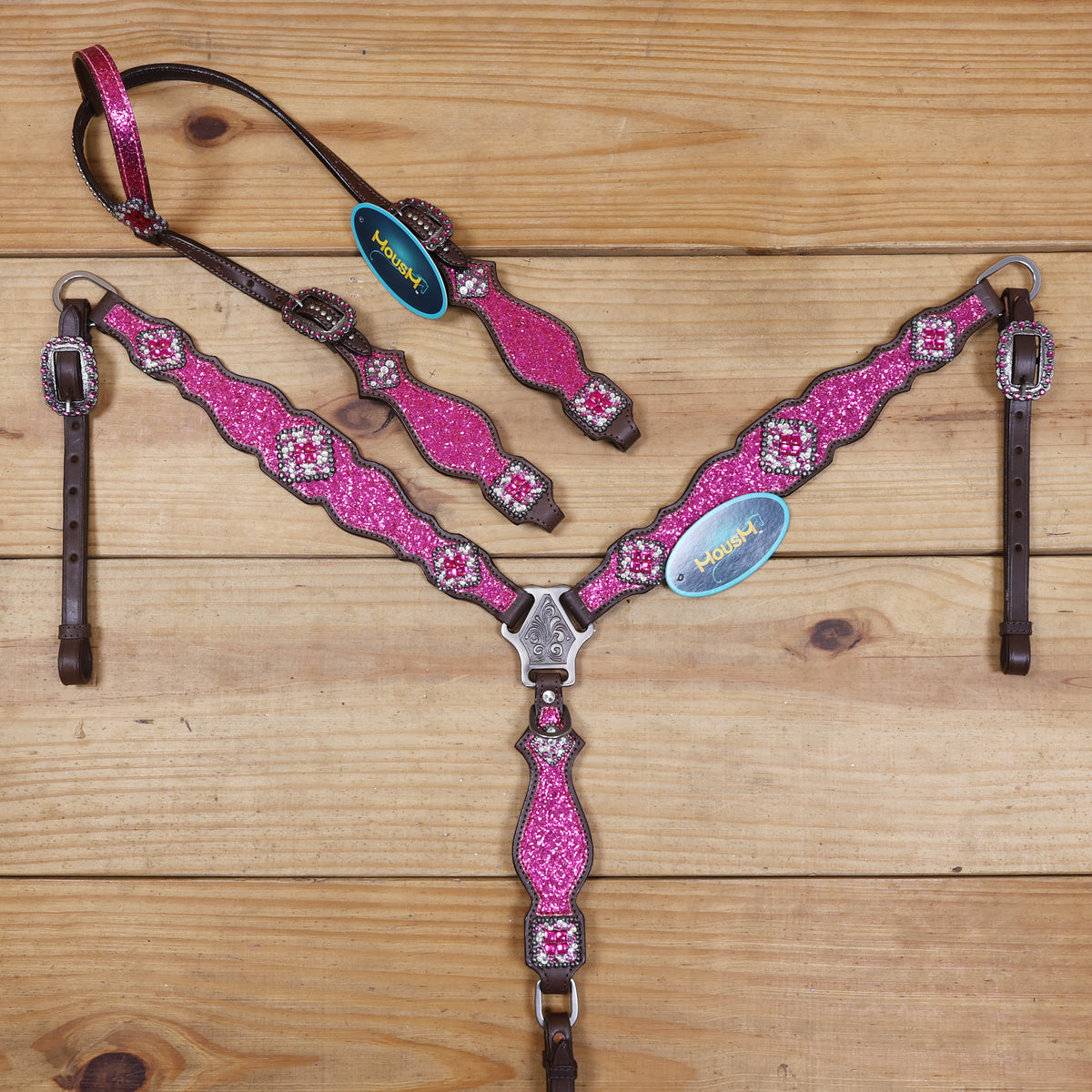 Hot Pink Glitter Headstall and Breast Collar with Silver Studs