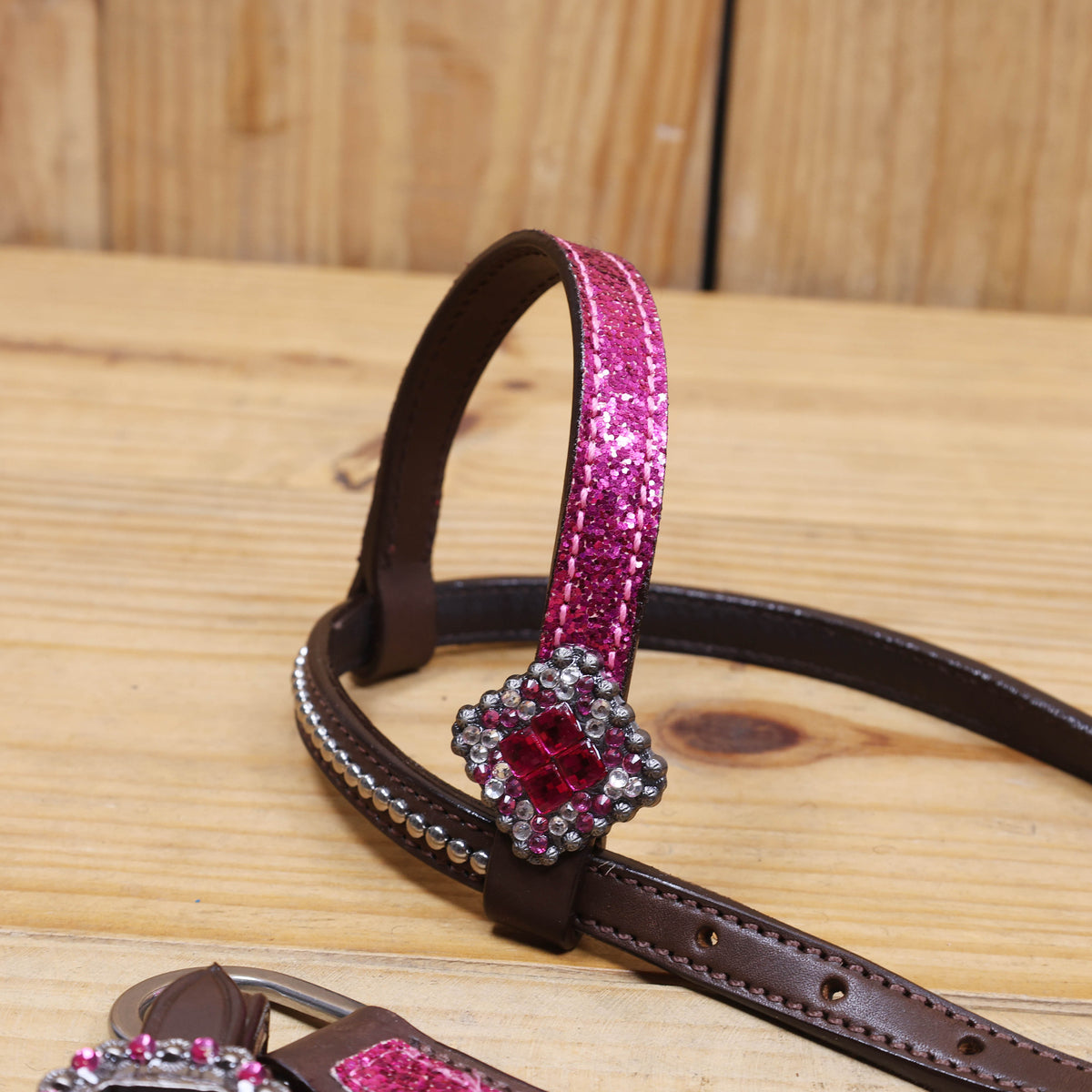 Hot Pink Glitter Headstall and Breast Collar with Silver Studs