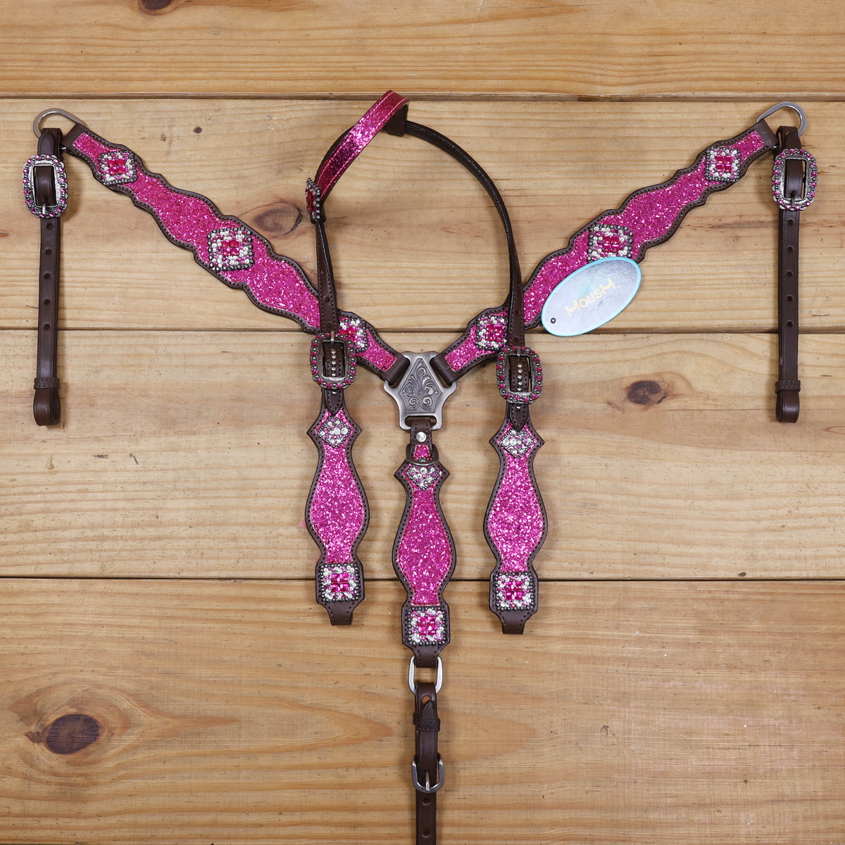 Hot Pink Glitter Headstall and Breast Collar with Silver Studs