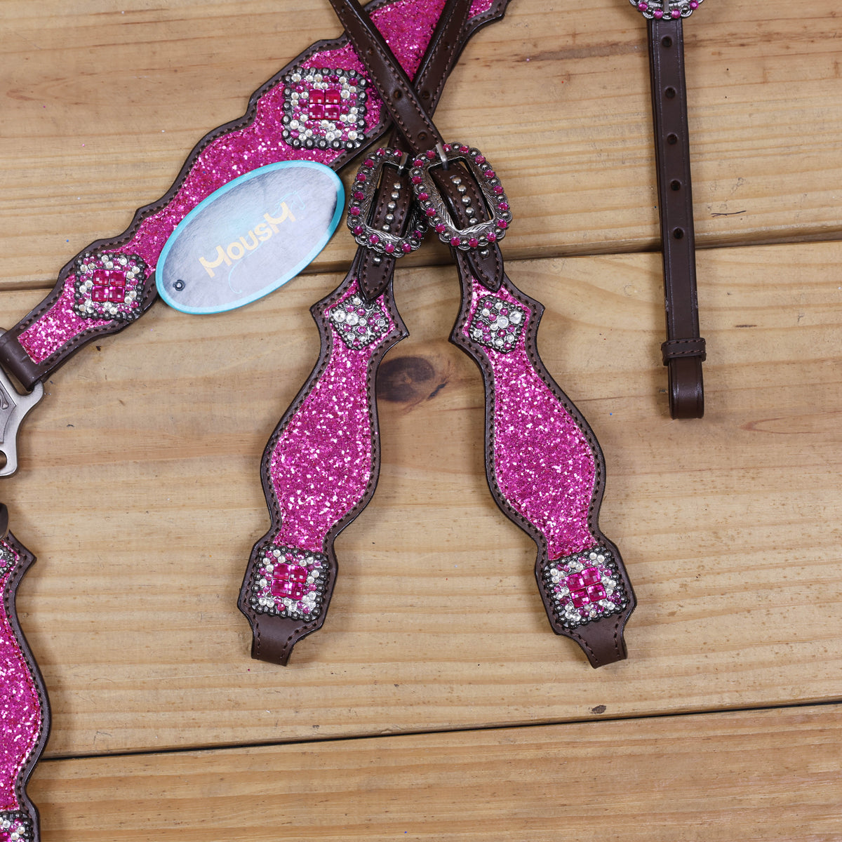 Hot Pink Glitter Headstall and Breast Collar with Silver Studs