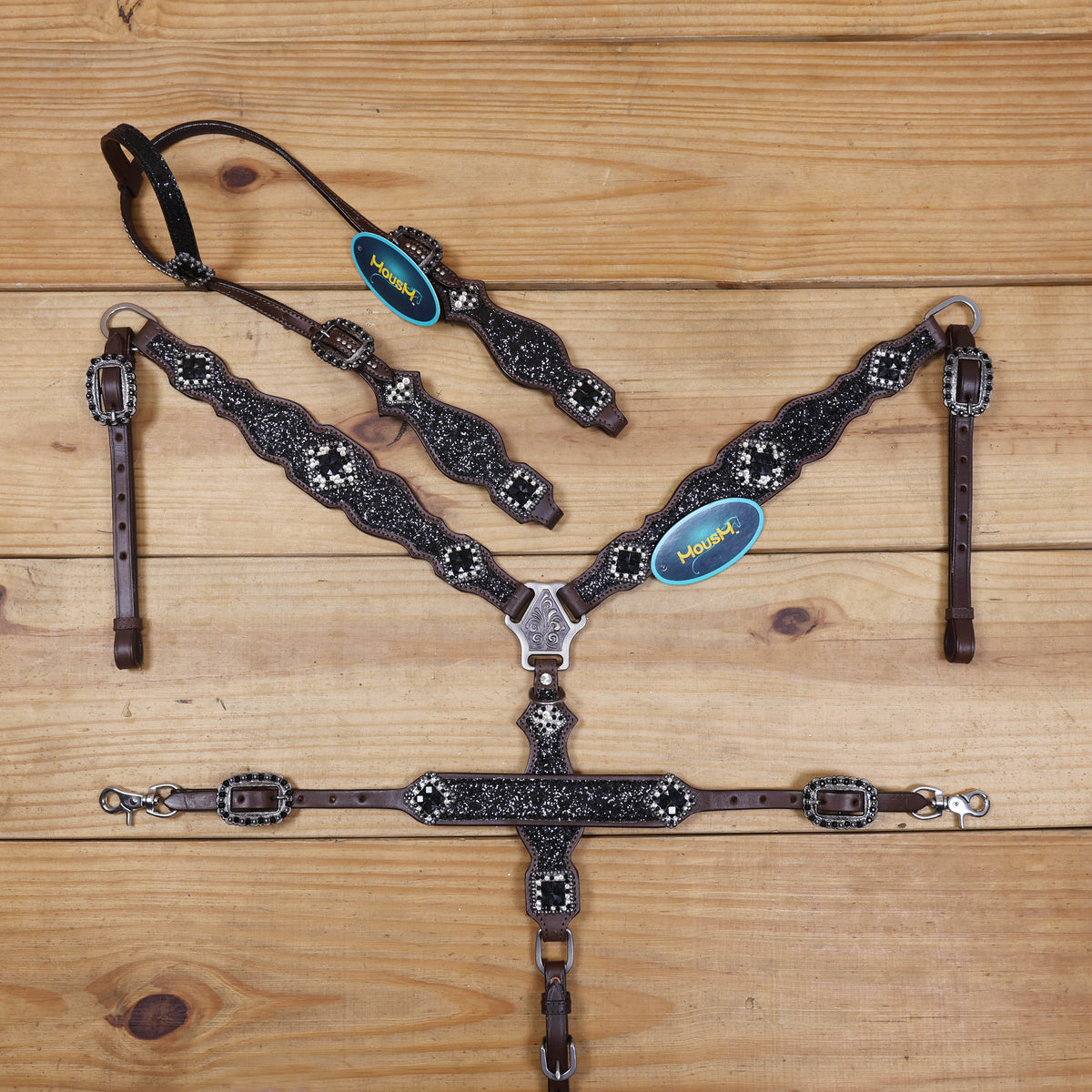 Black Glitter Horse Tack Set with Rhinestone Conchos, Silver Studs