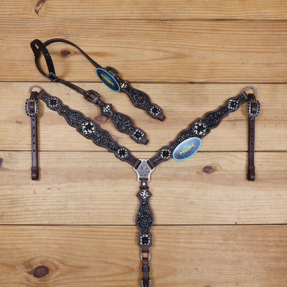 Black Glitter Horse Tack Set with Rhinestone Conchos, Silver Studs